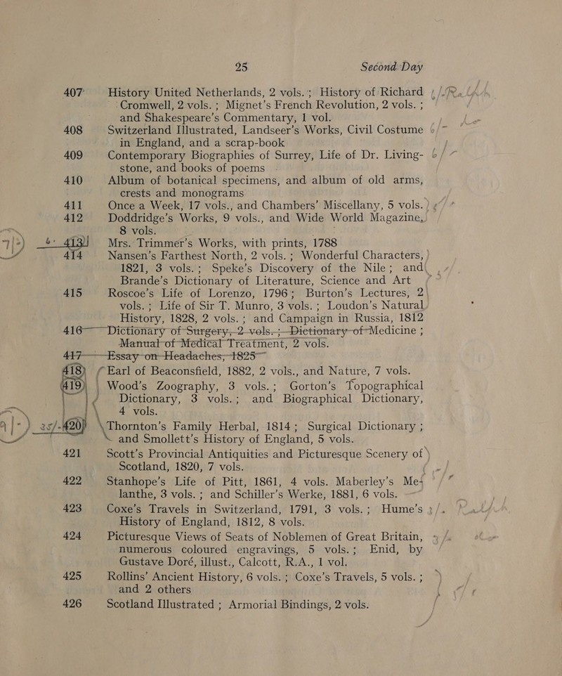  Cromwell, 2 vols. ; Mignet’s French Revolution, 2 vols. ; and Shakespeare’s Commentary, 1 vol. 408 Switzerland Illustrated, Landseer’s Works, Civil Costume in England, and a scrap-book stone, and books of poems 410 Album of botanical specimens, and album of old arms, crests and monograms 411 Once a Week, 17 vols., and Chambers’ Miscellany, 5 vols. 412 Doddridge’s Works, 9 vols., and Wide World Magazine, an 8 vols. /+) _: 413) Mrs. Trimmer’s Works, with prints, 1788 all 4{4 Nansen’s Farthest North, 2 vols. ; Wonderful Characters, 1821, 3 vols.; Speke’s Discovery of the Nile; and, . Brande’s Dictionary of Literature, Science and Art + 415 Roscoe’s Life of Lorenzo, 1796; Burton’s Lectures, 2 vols. ; Life of Sir T. Munro, 3 vols. ; Loudon’s Natural History, 1828, 2 vols.; and Campaign in Russia, 1812 416 Dictionary of Surgery,-2-vols.;—Dietionary-of Medicine ; Manuatl-of Medical Treatment, 2 vols. 447——Essay~-on~-Headaches;-1825~ 418) / ‘Earl of Beaconsfield, 1882, 2 vols., and Nature, 7 vols. | | Wood’s Zoography, 3 vols.; Gorton’s Topographical _ Dictionary, 3 vols.; and Biographical Dictionary, i \ 4 vols. RTs 25) AB} \ Thornton’s Family Herbal, 1814; Surgical Dictionary ; \ and Smollett’s History of England, 5 vols. 421 Scott’s Provincial Antiquities and Picturesque Scenery of ) Scotland, 1820, 7 vols. 422 Stanhope’s Life of Pitt, 1861, 4 vols. Maberley’s Me- lanthe, 3 vols. ; and Schiller’s Werke, 1881, 6 vols. 423 Coxe’s Travels in Switzerland, 1791, 3 vols.; Hume’s 3 History of England, 1812, 8 vols. 424 Picturesque Views of Seats of Noblemen of Great Britain, numerous coloured engravings, 5 vols.; Enid, by Gustave Doré, illust.:, Calcott, R.A., 1 vol. 425 Rollins’ Ancient History, 6 vols. ; Coxe’s Travels, 5 vols. ; and 2 others 426 Scotland Illustrated ; Armorial Bindings, 2 vols.