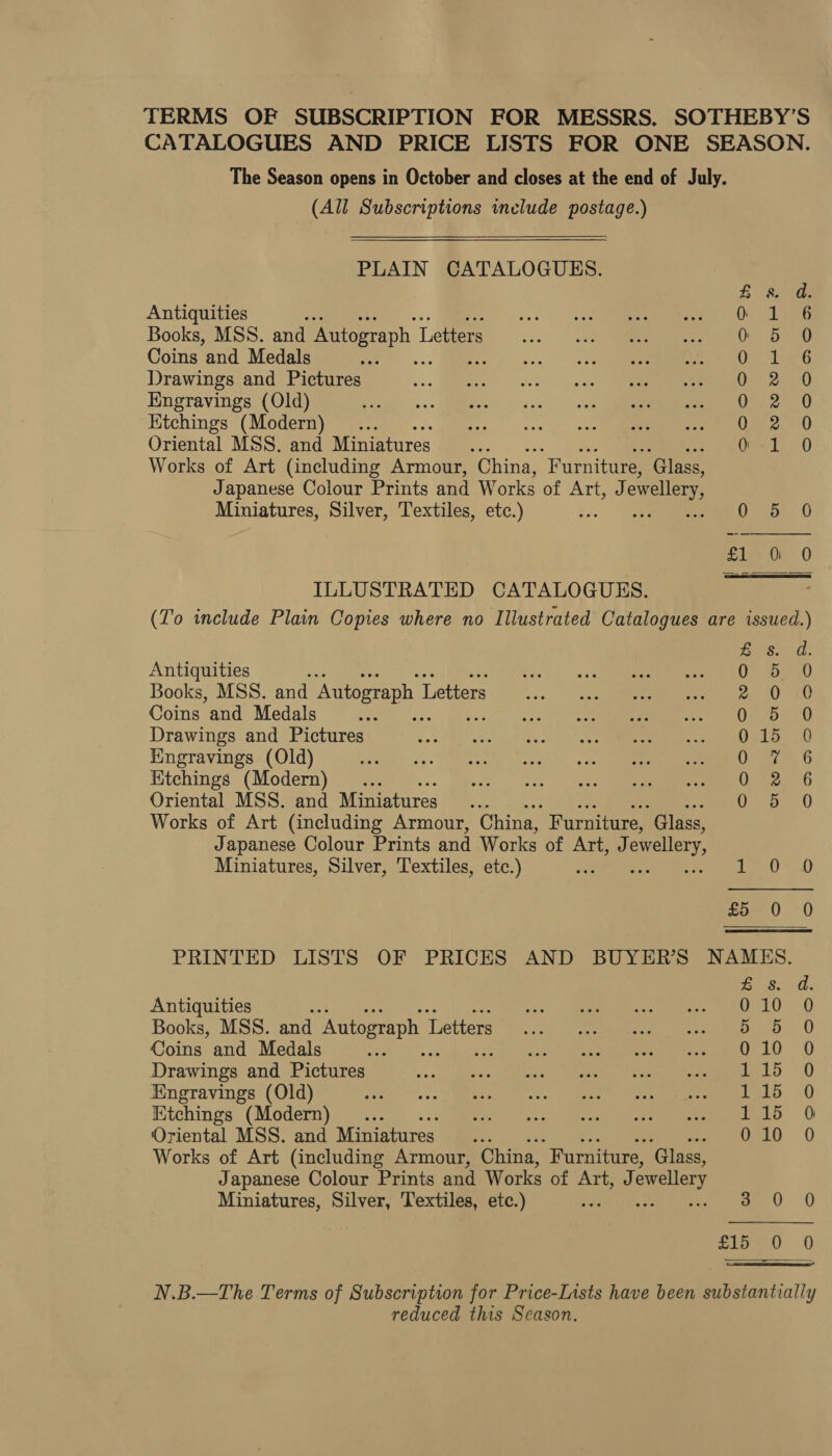 TERMS OF SUBSCRIPTION FOR MESSRS. SOTHEBY’S CATALOGUES AND PRICE LISTS FOR ONE SEASON. The Season opens in October and closes at the end of July. (All Subscriptions include postage.) PLAIN CATALOGUES. Eats Antiquities ar ere Be es» Books, MSS. and Autograph L Letters De ct Coins and Medals vee Da ite G Drawings and Pictures 0 2 0 Engravings (Old) 0 2 0 Ktchings (Modern) ... Deer 0 Oriental MSS. and Miniatures ¥ ae T &lt;) Works of Art (including Armour, China, “Furniture, ‘Glass, Japanese Colour Prints and Works of Arty. ewellery, Miniatures, Silver, Textiles, etc.) = Ove 0  ILLUSTRATED CATALOGUES. (To include Plain Copies where no Illustrated Catalogues are issued.) See i. Antiquities i Or sa Books, MSS. and Autograph I Letters me 80 Coins and Medals : Pee | ion getty karat Drawings and Pictures Pe ere et ee LEP ZR O SY Hingravings (Old) Ue a Htchings (Modern) 0 2 6 Oriental MSS. and Miniatures a0 Works of Art (including Armour, China, Furniture, Glass, Japanese Colour Prints and Works of Art, J ewellery Miniatures, Silver, Textiles, etc.) bas Ta 0 4:0) £5 0 0 PRINTED LISTS OF PRICES AND BUYER'S NAMES. 8s) th. Antiquities SA is) ee ees ee UY, Books, MSS. and Autograph ‘Letters 25 ee eh | 0 Coins and Medals me isu eceeane tame: LO 0 Drawings and Pictures &lt; ono thn ss alte. eee eee? ~ © Engravings (Old) es Yor e e Gece ee D.C Ktchings (Modern) ... xt | tne Clipse, See emememieee O Oriental MSS. and Miniatures... 010 0 Works of Art (including Armour, China, “Furniture, ‘Glass, Japanese Colour Prints and Works of Artal, ewellery Miniatures, Silver, Textiles, etc.) ae a: 0 aioe - 0 N.B.—The Terms of Subscription for Price-Lists have been substantially reduced this Season.