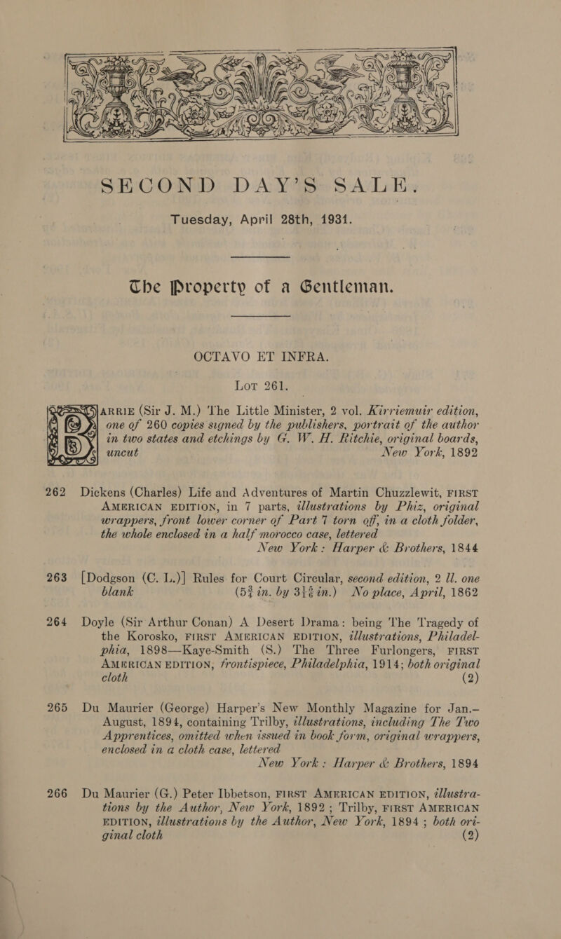    Che Property of a Gentleman. OCTAVO ET INFRA. Lot 261. GEXOARRIE (Sir J. M.) The Little Minister, 2 vol. Adrriemuir edition, one of 260 copies signed by the publishers, portrait of the author in two states and etchings by G. W. H. Ritchie, original boards, uncut New York, 1892  262 Dickens (Charles) Life and Adventures of Martin Chuzzlewit, FIRST AMERICAN EDITION, in 7 parts, tllustrations by Phiz, original wrappers, front lower corner of Part 7 torn off, in a cloth folder, the whole enclosed in a half morocco case, lettered New York: Harper &amp; Brothers, 1844 263 [Dodgson (C. L.)] Rules for Court Circular, second edition, 2 ll. one blank (53 in. by 3t%in.) No place, April, 1862 264 Doyle (Sir Arthur Conan) A Desert Drama: being The Tragedy of the Korosko, First AMERICAN EDITION, tdlustrations, Philadel- phia, 1898—Kaye-Smith (S.) The Three Furlongers, FIRST AMERICAN EDITION, frontispiece, Philadelphia, 1914; both original cloth (2) 265 Du Maurier (George) Harper’s New Monthly Magazine for Jan.— August, 1894, containing Trilby, cllustrations, including The Two Apprentices, omitted when issued in book form, original wrappers, enclosed in a cloth case, lettered New York: Harper &amp; Brothers, 1894 266 Du Maurier (G.) Peter Ibbetson, FIRST AMERICAN EDITION, @llustra- tions by the Author, New York, 1892; Trilby, First AMERICAN EDITION, illustrations by the Author, New York, 1894 ; both ori- ginal cloth (2)