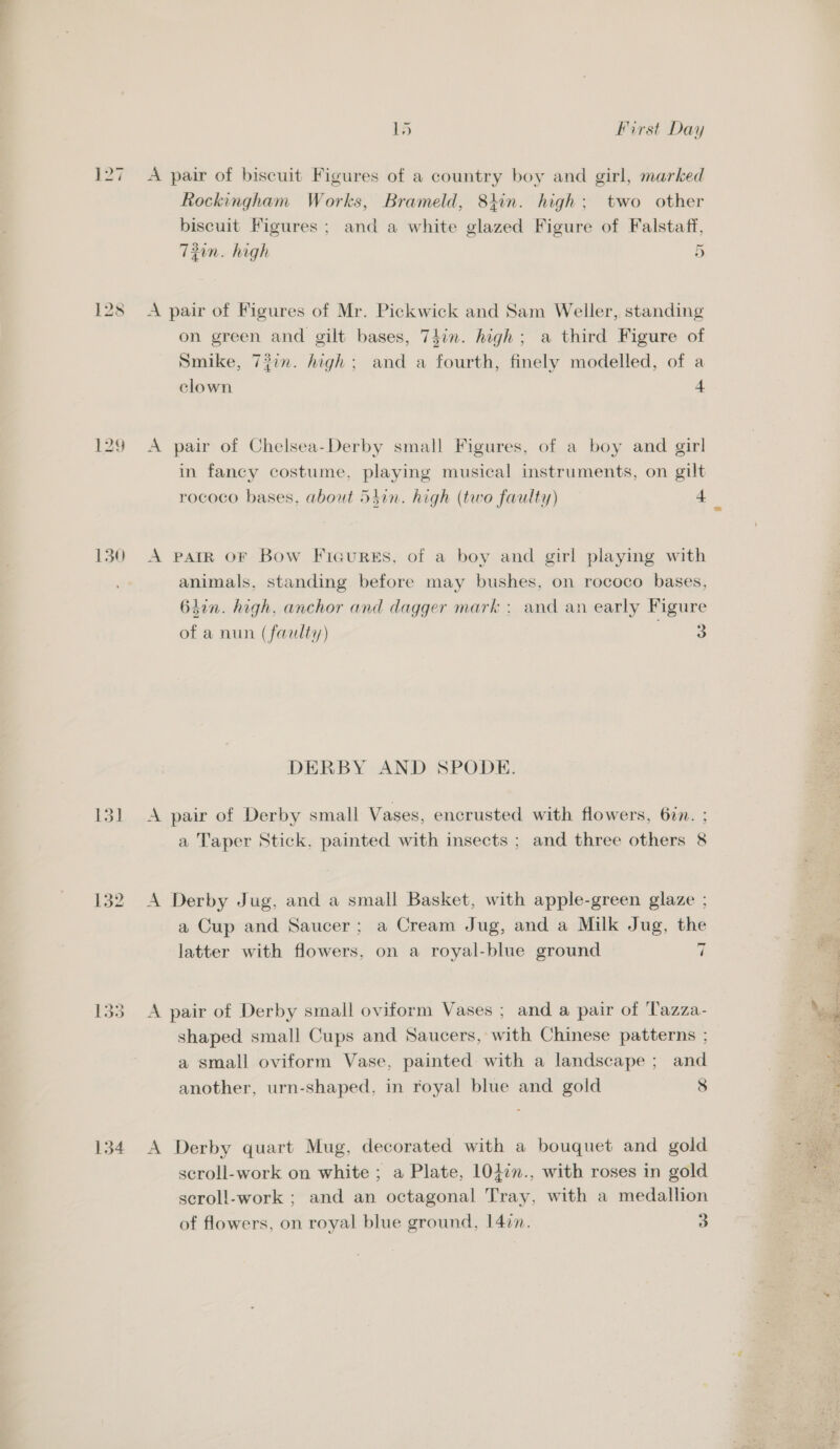 130 Lol 132 134 15 First Day A pair of biscuit Figures of a country boy and girl, marked Rockingham Works, Brameld, 8hin. high; two other biscuit Figures ; and a white glazed Figure of Falstaff, ~ 73in. high 5 A pair of Figures of Mr. Pickwick and Sam Weller, standing on green and gilt bases, Thin. high; a third Figure of Smike, 7}in. high; and a fourth, finely modelled, of a clown 4 A pair of Chelsea-Derby small Figures, of a boy and girl in fancy costume, playing musical instruments, on gilt rococo bases, about 54in. high (two faulty) 4 A PAIR OF Bow Fiaures, of a boy and girl playing with animals, standing before may bushes, on rococo bases, 64in. high, anchor and dagger mark: and an early Figure of a nun (faalty) . o DERBY AND SPODE. A pair of Derby small Vases, encrusted with flowers, 67n. ; a Taper Stick, painted with insects ; and three others 8 A Derby Jug, and a small Basket, with apple-green glaze ; a Cup and Saucer; a Cream Jug, and a Milk Jug, the ax? latter with flowers, on a royal-blue ground ] A pair of Derby small ovitorm Vases ; and a pair of Tazza- shaped small Cups and Saucers, with Chinese patterns ; a small oviform Vase, painted with a landscape ; and another, urn-shaped, in royal blue and gold 8 A Derby quart Mug, decorated with a bouquet and gold scroll-work on white ; a Plate, 104in., with roses in gold seroll-work ; and an octagonal Tray, with a medallion  