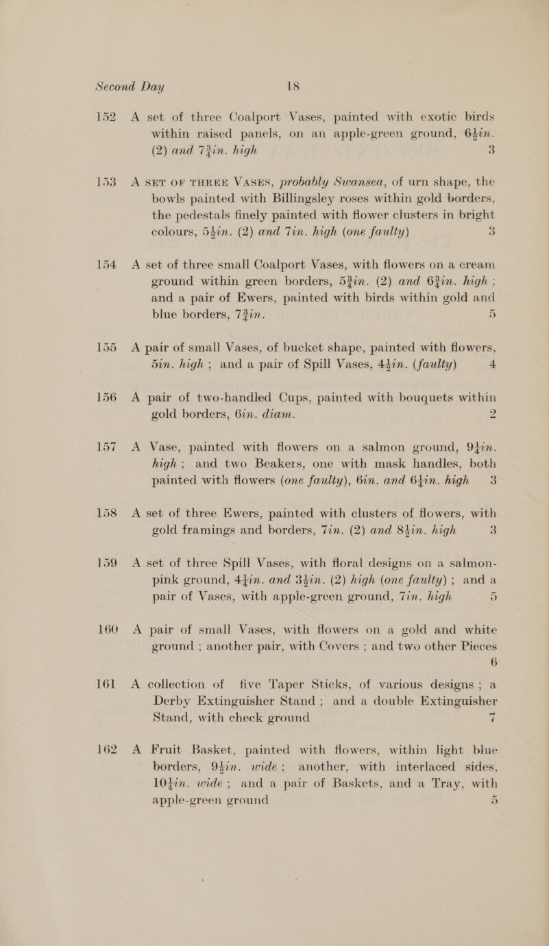 152 153 160 161 162 A set of three Coalport Vases, painted with exotic birds within raised panels, on an apple-green ground, 647. (2) and 73in. high 3 A SET OF THREE VASES, probably Swansea, of urn shape, the bowls painted with Billingsley roses within gold borders, the pedestals finely painted with flower clusters in bright colours, 54in. (2) and Tin. high (one faulty) 3 A set of three small Coalport Vases, with flowers on a cream ground within green borders, 53in. (2) and 63in. high ; and a pair of Ewers, painted with birds within gold and blue borders, 7 #0. 5 A pair of small Vases, of bucket shape, painted with flowers, 5in. high ; and a pair of Spill Vases, 447n. (faulty) 4 A pair of two-handled Cups, painted with bouquets within gold borders, 6in. diam. 2 A Vase, painted with flowers on a salmon ground, 9427. high; and two Beakers, one with mask handles, both painted with flowers (one faulty), 6in. and 64in. high 3 A set of three Ewers, painted with clusters of flowers, with gold framings and borders, 7in. (2) and 84in. high 3 A set of three Spill Vases, with floral designs on a salmon- pink ground, 447n. and 34in. (2) high (one faulty) ; and a pair of Vases, with apple-green ground, Tin. high 5 A pair of small Vases, with flowers on a gold and white ground ; another pair, with Covers ; and two other Pieces 6 A collection of five Taper Sticks, of various designs ; a Derby Extinguisher Stand ; and a double Extinguisher Stand, with check ground i A Fruit Basket, painted with flowers, within light blue borders, 94in. wide; another, with interlaced sides, 10jin. wide ; and a pair of Baskets, and a Tray, with