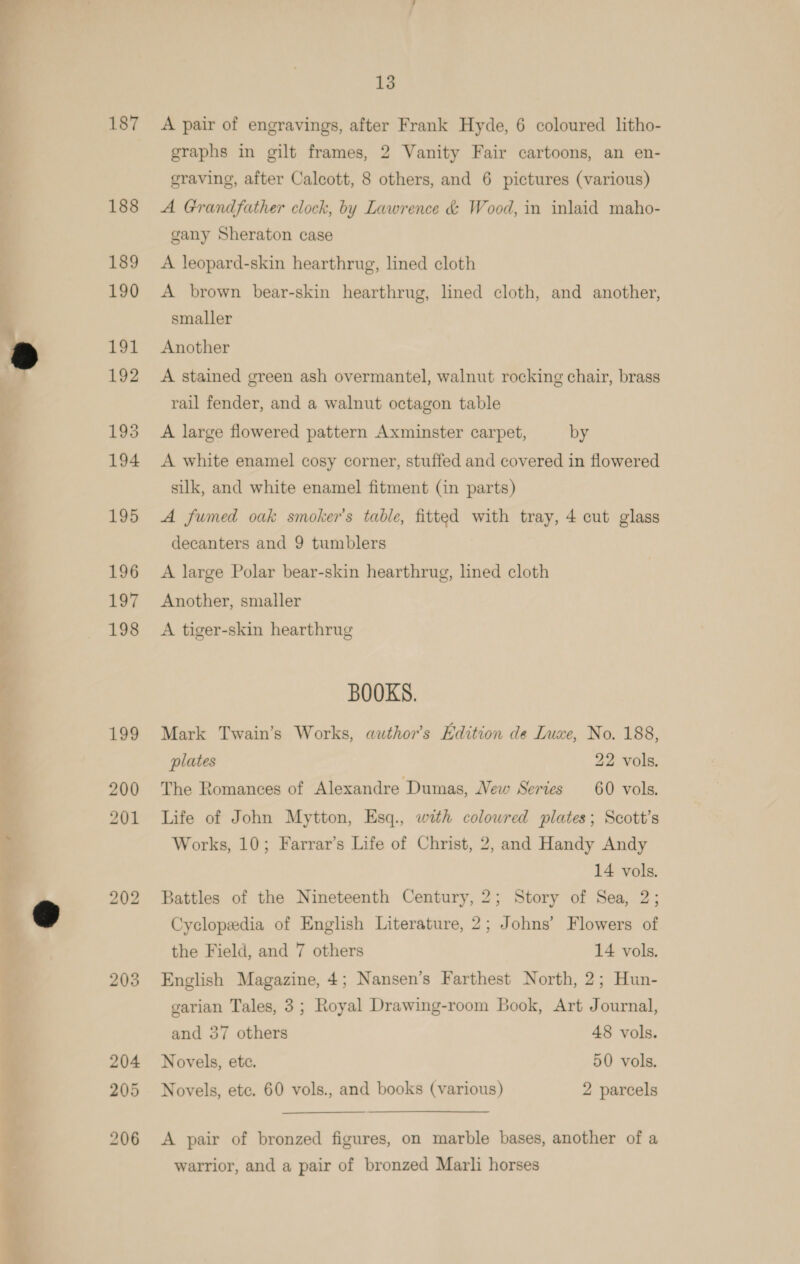 - =&lt; - * oa ini he Mth on, “ier 187 188 189 190 191 192 195 194 195 196 197 198 199 200 201 202 203 13 A pair of engravings, after Frank Hyde, 6 coloured litho- graphs in gilt frames, 2 Vanity Fair cartoons, an en- graving, after Calcott, 8 others, and 6 pictures (various) A Grandfather clock, by Lawrence &amp; Wood, in inlaid maho- gany Sheraton case A leopard-skin hearthrug, lined cloth A brown bear-skin hearthrug, lined cloth, and another, smaller Another A stained green ash overmantel, walnut rocking chair, brass rail fender, and a walnut octagon table A large flowered pattern Axminster carpet, by A white enamel cosy corner, stuffed and covered in flowered silk, and white enamel fitment (in parts) A fumed oak smoker's table, fitted with tray, 4 cut glass decanters and 9 tumblers A large Polar bear-skin hearthrug, lined cloth Another, smaller A tiger-skin hearthrug BOOKS. Mark Twain’s Works, author’s Edition de Luxe, No. 188, plates 22 vols. The Romances of Alexandre Dumas, New Series 60 vols. Life of John Mytton, Esq., with colowred plates; Scott’s Works, 10; Farrar’s Life of Christ, 2, and Handy Andy 14 vols. Battles of the Nineteenth Century, 2; Story of Sea, 2; Cyclopedia of English Literature, 2; Johns’ Flowers of the Field, and 7 others 14 vols. English Magazine, 4; Nansen’s Farthest North, 2; Hun- garian Tales, 3; Royal Drawing-room Book, Art Journal, and 37 others 48 vols. Novels, ete. 50 vols. Novels, ete. 60 vols., and books (various) 2 parcels  A pair of bronzed figures, on marble bases, another of a warrior, and a pair of bronzed Marli horses