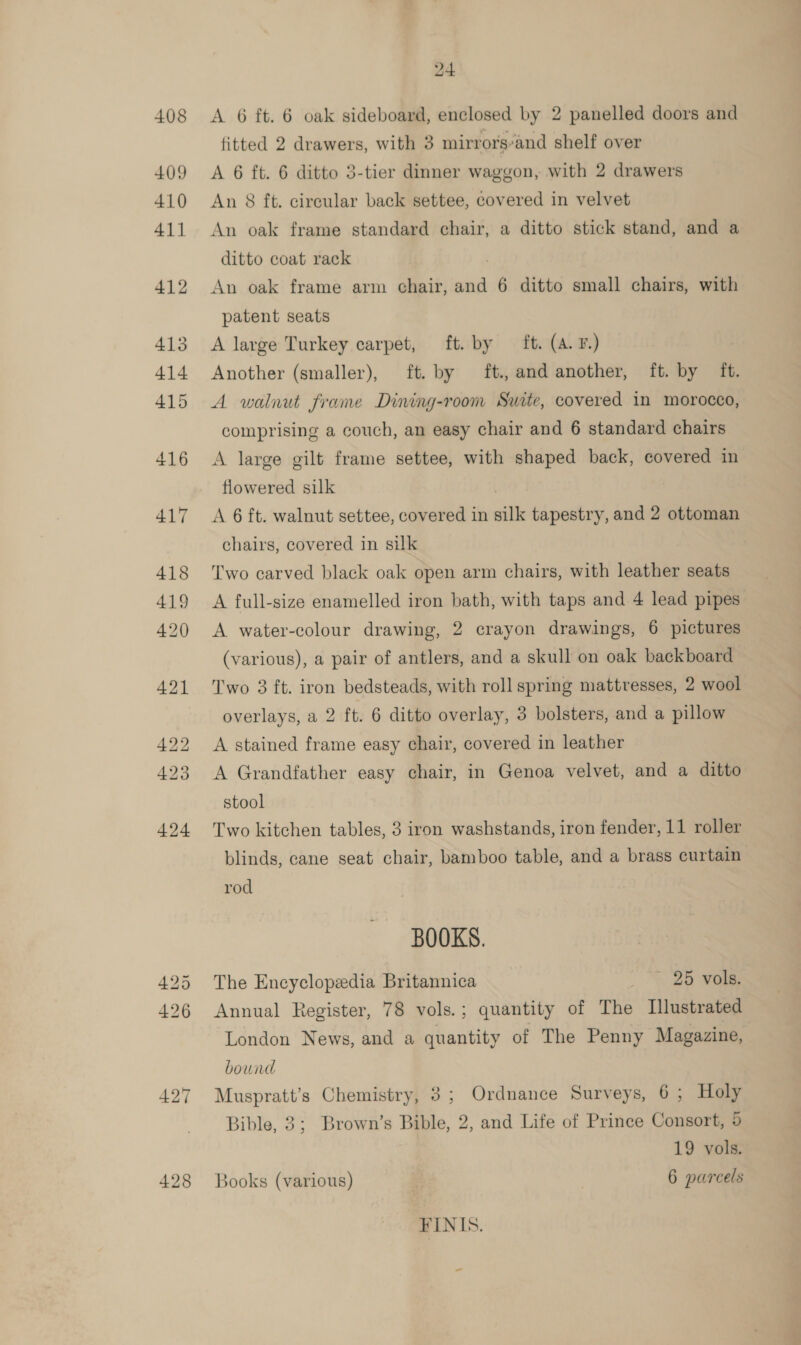 428 A 6 ft. 6 oak sideboard, enclosed by 2 panelled doors and fitted 2 drawers, with 3 mirrors’and shelf over A 6 ft. 6 ditto 3-tier dinner waggon, with 2 drawers An 8 ft. circular back settee, covered in velvet An oak frame standard chair, a ditto stick stand, and a ditto coat rack An oak frame arm chair, and 6 ditto small chairs, with patent seats A large Turkey carpet, ft. by ft. (A. F) Another (smaller), ft. by ft., and another, ft. by ft. A walnut frame Dining-room Suite, covered in morocco, comprising a couch, an easy chair and 6 standard chairs A large gilt frame settee, with shaped back, covered in flowered silk A 6 ft. walnut settee, covered in silk tapestry, and 2 ottoman chairs, covered in silk Two carved black oak open arm chairs, with leather seats A full-size enamelled iron bath, with taps and 4 lead pipes A water-colour drawing, 2 crayon drawings, 6 pictures (various), a pair of antlers, and a skull on oak backboard Two 3 ft. iron bedsteads, with roll spring mattresses, 2 wool overlays, a 2 ft. 6 ditto overlay, 3 bolsters, and a pillow A stained frame easy chair, covered in leather A Grandfather easy chair, in Genoa velvet, and a ditto stool Two kitchen tables, 3 iron washstands, iron fender, 11 roller blinds, cane seat chair, bamboo table, and a brass curtain rod BOOKS. The Encyclopedia Britannica . ~ 26 vols, Annual Register, 78 vols.; quantity of Ihe Illustrated London News, and a quantity of The Penny Magazine, bound Muspratt’s Chemistry, 8; Ordnance Surveys, 6; Holy Bible, 3; Brown’s Bible, 2, and Life of Prince Consort, 5 19 vols. Books (various) 6 parcels FINIS.