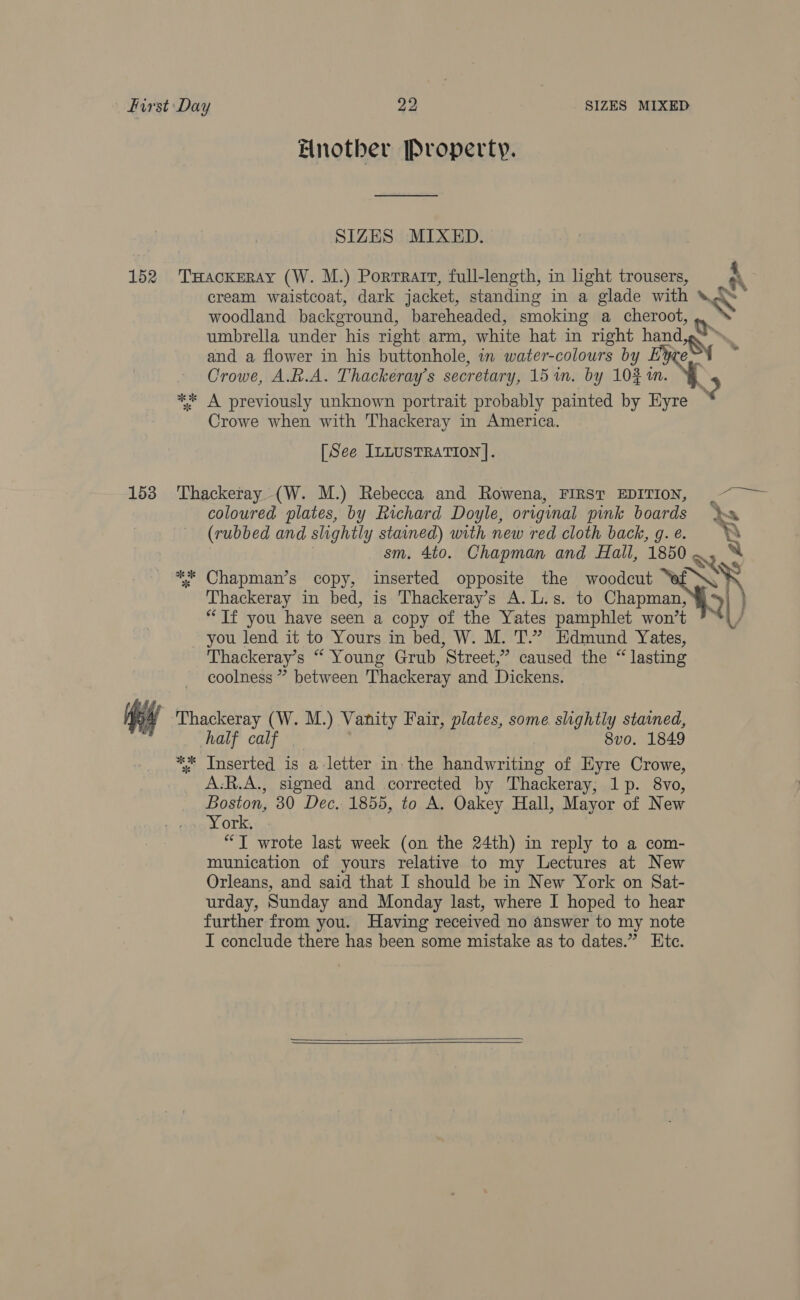 nother Property. SIZES MIXED. 152 TuHackxeray (W. M.) Porrrart, full-length, in light trousers, A cream waistcoat, dark jacket, standing in a glade with © woodland background, bareheaded, smoking a cheroot, aS umbrella under his right arm, white hat in right hand,” and a flower in his buttonhole, an water-colours by he Crowe, A.R.A. Thackeray’s secretary, 15 in. by 103 in. 2 * A previously unknown portrait probably painted by Eyre ~ Crowe when with Thackeray in America. sd [See ILLUSTRATION]. coloured plates, by Richard Doyle, original pink boards »» (rubbed and slightly stained) with new red cloth back, g. e. aX sm. 4to. Chapman and Hall, 1850 Q ** Chapman’s copy, inserted opposite the woodcut BA Thackeray in bed, is Thackeray’s A.L.s. to Chapman, | ) “If you have seen a copy of the Yates pamphlet won’t = you lend it to Yours in bed, W. M. T.” Edmund Yates, Thackeray’s “ Young Grub Street,” caused the “ lasting coolness ” between Thackeray and Dickens. py Thackeray (W. M.) Vanity Fair, plates, some shghtly stamed, half calf 8vo. 1849 ** Inserted is a letter in. the handwriting of Eyre Crowe, A:R.A., signed and corrected by Thackeray; 1p. 8vo, Boston, 30 Dec. 1855, to A. Oakey Hall, Mayor of New York, - “T wrote last week (on the 24th) in reply to a com- munication of yours relative to my Lectures at New Orleans, and said that I should be in New York on Sat- urday, Sunday and Monday last, where I hoped to hear further from you. Having received no answer to my note I conclude there has been some mistake as to dates.” Ete. 