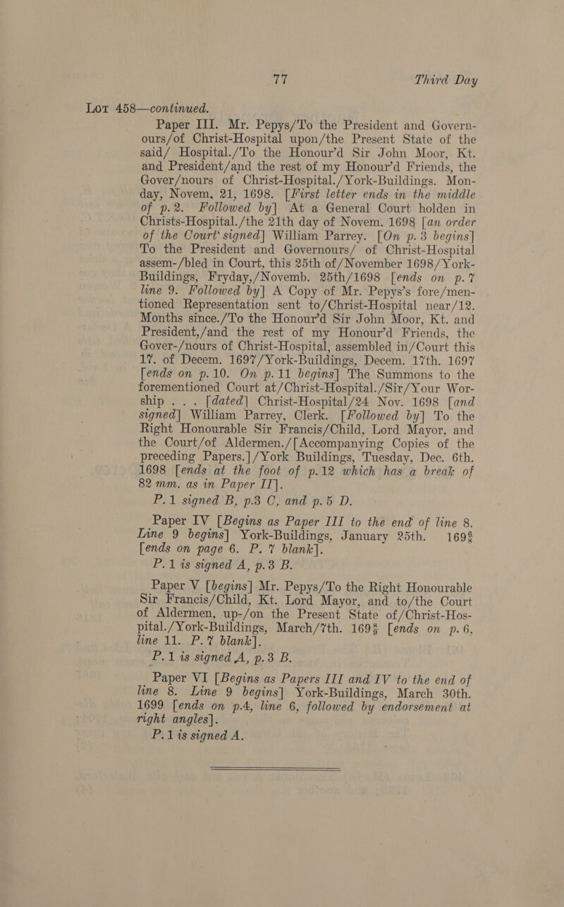 Lot 458—continued. Paper III. Mr. Pepys/To the President and Govern- ours/of Christ-Hospital upon/the Present State of the said/ Hospital./To the Honour’d Sir John Moor, Kt. and President/and the rest of my Honour’d Friends, the Gover/nours of Christ-Hospital./York-Buildings. Mon- day, Novem, 21, 1698. [Furst letter ends in the middle of p.2. Followed by] At a General Court holden in Christs-Hospital./the 21th day of Novem. 1698 [an order of the Court signed] William Parrey. [On p.3 begins] To the President and Governours/ of Christ-Hospital assem-/bled in Court, this 25th of /November 1698/York- Buildings, Fryday,/Novemb. 25th/1698 [ends on p.% line 9. Followed by| A Copy of Mr. Pepys’s fore/men- tioned Representation sent to/Christ-Hospital near/12. Months since./'T’o the Honour’d Sir John Moor, Kt. and President,/and the rest of my Honour’d Friends, the Gover-/nours of Christ-Hospital, assembled in/Court this 17. of Decem. 1697/York-Buildings, Decem. 17th. 1697 [ends on p.10. On p.11 begins] The Summons to the forementioned Court at/Christ-Hospital./Sir/Your Wor- ship . . . [dated| Christ-Hospital/24 Nov. 1698 [and signed] William Parrey, Clerk. [Followed by] To the Right Honourable Sir Francis/Child, Lord Mayor, and the Court/of Aldermen./[Accompanying Copies of the preceding Papers.]/York Buildings, Tuesday, Dec. 6th. 1698 [ends at the foot of p.12 which has a break of 82 mm. as in Paper IT]. P.1 signed B, p.8 C, and p.5 D. Paper IV [Begins as Paper III to the end’ of line 8. Inne 9 begins] York-Buildings, January 25th. 1698 [ends on page 6. P. % blank]. P.1 is signed A, p.3 B. Paper V [begins] Mr. Pepys/To the Right Honourable Sir Francis/Child, Kt. Lord Mayor, and to/the Court of Aldermen, up-/on the Present State of/Christ-Hos- pital./York-Buildings, March/7th. 1698 [ends on p. 6, line 11. P.% blank]. P.1 is signed A, p.3 B. _ Paper VI [Begins as Papers III and IV to the end of line 8. Line 9 begins] York-Buildings, March 30th. 1699 [ends on p.4, line 6, followed by endorsement at right angles]. P.1%s signed A.