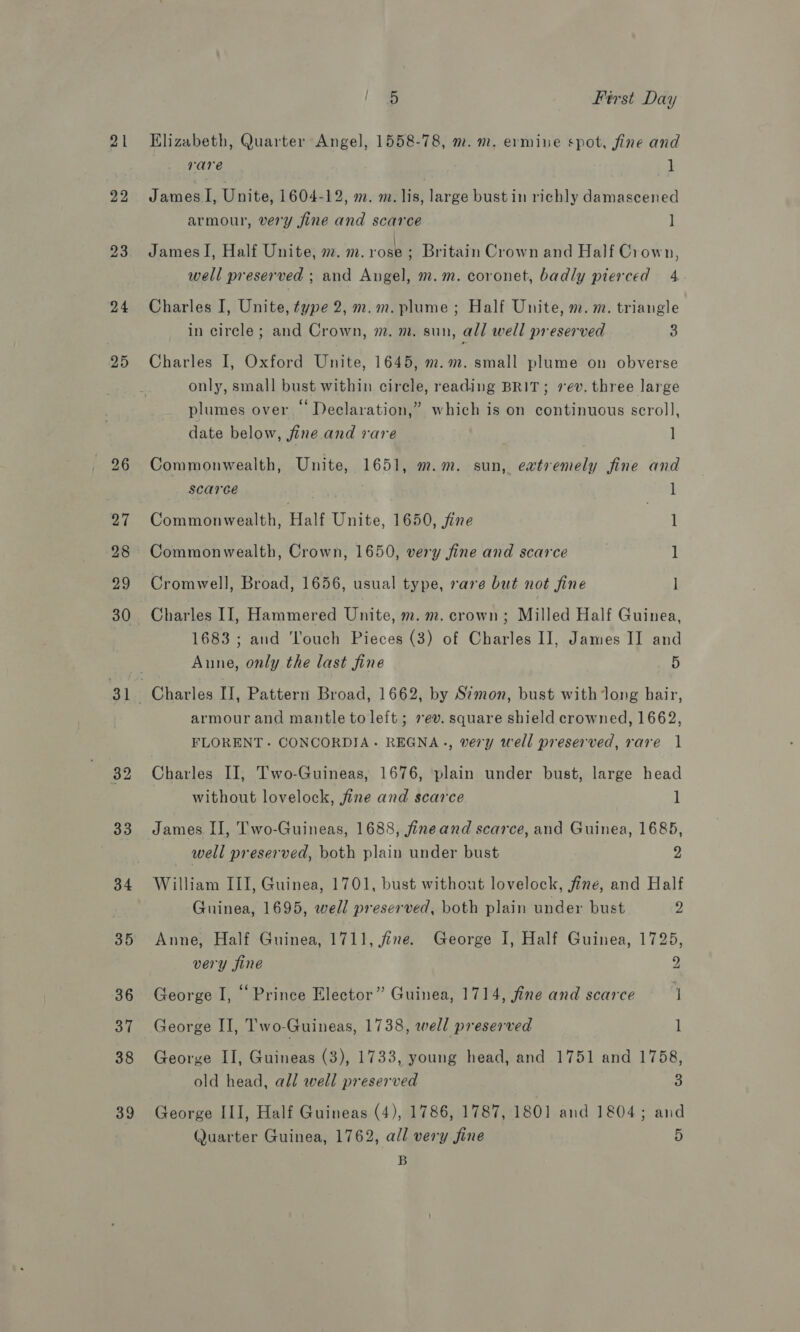 21 22 23 24 25 26 27 28 29 30 382 33 34 5 first Day Klizabeth, Quarter Angel, 1558-78, m. m. ermine spot, fine and rare ] James I, Unite, 1604-12, m. m. lis, large bustin richly damascened armour, very fine and scarce ] James I, Half Unite, m. m. rose ; Britain Crown and Half Crown, well preserved ; and Angel, m.m. coronet, badly pierced 4 Charles I, Unite, type 2, m.m. plume; Half Unite, m. m. triangle in circle ; and Crown, m. m. sun, all well preserved 3 Charles I, Oxford Unite, 1645, m.m. small plume on obverse only, small bust within circle, reading BRIT; sev. three large plumes over “ Declaration,” which is on continuous scroll, date below, fine and rare 1] Commonwealth, Unite, 1651, m.m. sun, eatremely fine and scarce 1 Commonwealth, Half Unite, 1650, fine | 1 Commonwealth, Crown, 1650, very fine and scarce 1 Cromwell, Broad, 1656, usual type, rare but not jine ] Charles II, Hammered Unite, m. m. crown; Milled Half Guinea, 1683 ; and Touch Pieces (3) of Charles I], James II and Aune, only the last fine 5 Charles II, Pattern Broad, 1662, by Simon, bust with Jong hair, armour and mantle to left; ev. square shield crowned, 1662, FLORENT- CONCORDIA. REGNA., very well preserved, rare 1 Charles II, Two-Guineas, 1676, plain under bust, large head without lovelock, fine and scarce 1 James. II, T’'wo-Guineas, 1688, fineand scarce, and Guinea, 1685, well preserved, both plain under bust 2 William IIT, Guinea, 1701, bust without lovelock, jine, and Half Guinea, 1695, well preserved, both plain under bust 2 Anne, Half Guinea, 1711, fine. George I, Half Guinea, 1725, very fine 2 George I, “Prince Elector” Guinea, 1714, fine and scarce 1 George II, Two-Guineas, 1738, well preserved 1 George II, Guineas (3), 1733, young head, and 1751 and 1758, old head, all well preserved 3 George III, Half Guineas (4), 1786, 1787, 1801 and 1804; and Quarter Guinea, 1762, all very fine 5 B