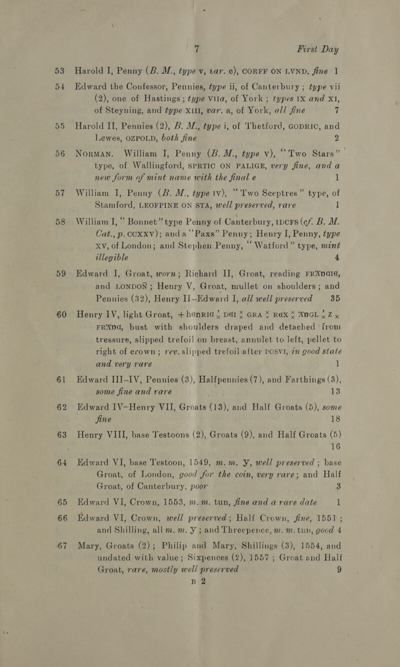 59 60 61 62 63 64 65 67 7 First Day Harold I, Penny (B. JL, type v, var. c), CORFF ON LVND, fine 1 Edward the Confessor, Pennies, type ii, of Canterbury ; type vii (2), one of Hastings; type Vila, of York ; types 1X and X1, of Steyning, and type X11, var. a, of York, all fine 7 Harold II, Pennies (2), B. W., type i, of Thetford, GopRIC, and l.ewes, OZPOLD, both fine 2 Norman. William I, Penny (B. ,, type v), “Two Stars” type, of Wallingford, SPRTIC ON PALIGE, very fine, anda new form of mint name with the final e 1 William I, Penny (B. W., type iv), “Two Sceptres ” type, of Stamford, LEOFPINE ON STA, well preserved, rare ] William I, “ Bonnet” type Penny of Canterbury, 1pcrs (¢f. B. DM. Cat., p. COXXV); anda‘ Paxs” Penny; Henry I, Penny, type xv, of London; and Stephen Penny, “ Watford” type, mint illegible 4 Edward IJ, Groat, worn; Richard IJ, Groat, reading FRAnNAaIG, and LONDON ; Henry V, Groat, mullet on shoulders ; and Pennies (32), Henry I]—Edward J, all well preserved 35 Henry IV, light Groat, +hanrid ; par x Gra X RaX X ANGL 3 Z y FRANG, bust with shoulders draped and detached from tressure, slipped trefoil on breast, annulet to left, pellet to right of crown; rev. slipped trefoil after POSVI, in good state and very rare ] Edward III-IV, Pennies (3), Halfpennies (7), and Farthings (3), some fine and rare 13 Edward IV-Henry VII, Groats (13), and Half Groats (5), some jine 18 Henry VIII, base Testoons (2), Groats (9), and Half Groats (5) 16 Edward VI, base Testoon, 1549, m.m. Y, well preserved ; base Groat, of London, good for the coin, very rare; and Half Groat, of Canterbury, poor 3 Edward VI, Crown, 1553, m.m. tun, fine and a rare date i} Edward VI, Crown, well preserved; Half Crown, jine, 1551 ; and Shilling, all m. m. Y ; and Threepenice, m. m. tun, good 4 Mary, Groats (2); Philip and Mary, Shillings (3), 1554, and undated with value; Sixpences (2), 1557; Groat and Half Groat, rare, mostly well preserved 9 B 2