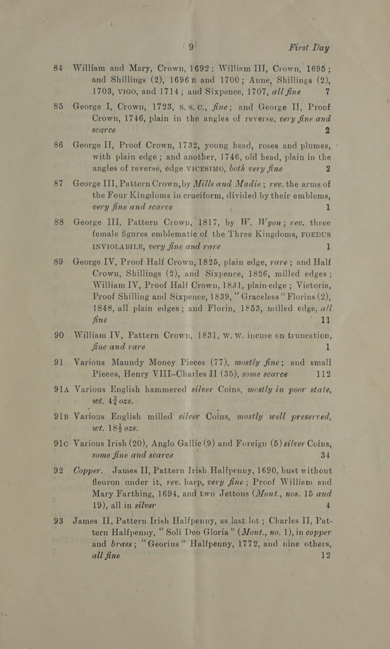 84 William and Mary, Crown, 1692: William III, Crown, 1695; and Shillings (2), 1696B and 1700; Anne, Shillings (2), 1703, vico, and 1714; and Sixpence, 1707, all fine 7 85 George I, Crown, 1723, s.s.c., fine; and George II, Proof Crown, 1746, plain in the angles of reverse, very fine and scarce . 2 86 George II, Proof Crown, 1732, young head, roses and plumes, with plain edge; and another, 1746, old head, plain in the angles of reverse, edge VICESIMO, both very fine 2 87 George III, Pattern Crown,by Wills and Mudie; rev. the arms of the Four Kingdoms in cruciform, divided by their emblems, very fine and scarce 1 88 George III, Pattern Crown, 1817, by W. Wyon; rev. three female figures emblematic of the Three Kingdoms, FOEDUS INVIOLABILE, very fine and rare 1 89 George IV, Proof Half Crown, 1825, plain edge, rare; and Half Crown, Shillings (2), and Sixpence, 1826, milled edges; William IV, Proof Half Crown, 1831, plain edge ; Victoria, Proof Shilling and Sixpence, 1839, ““ Graceless ” Florins (2), 1848, all plain edges; and Florin, 1853, milled edge, all fine 11 90 William IV, Pattern Crown, 1831, W. W. incuse on truncation, jine and rare 1 91. Various Maundy Money Pieces (77), mostly fine; and small Pieces, Henry VI1I-Charles II (35), some scarce bi 91A Various English hammered st/ver Coins, mostly in poor state, wt. 4$ ozs. 91B Various English milled sz/ver Coins, mostly well preserved, wt. 184 ozs. 91¢ Various Irish (20), Anglo Gallic (9) and Foreign (5) sé/ver Coins, some fine and scarce | 34 92 Copper. James II, Pattern Irish Halfpenny, 1690, bust without fleuron under it, rev. harp, very fine; Proof William and Mary Farthing, 1694, and two Jettons (Mont., nos. 15 and 19), all in sélver 4 93 James I, Pattern Irish Half ceany: as last lot; Charles IJ, Pat- tern Halfpenny, “ Soli Deo Gloria” (Mont. no. 1), in copper and brass; “ Georius ” Halfpeuny, ‘L772, and nine others, all fine 12