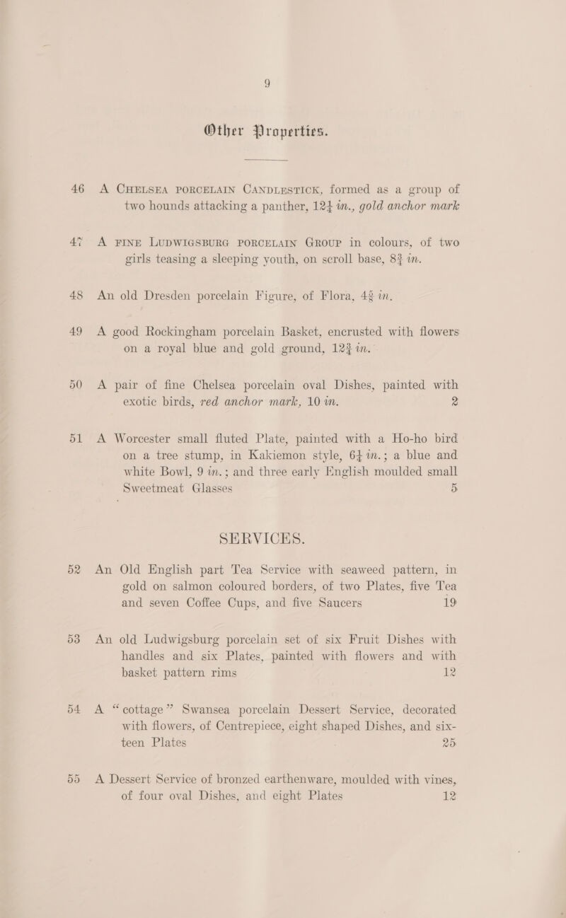 46 51 52 53 D4 Other Properties. A CHELSEA PORCELAIN CANDLESTICK, formed as a group of two hounds attacking a panther, 124 m., gold anchor mark A FINE LUDWIGSBURG PORCELAIN GRouP in colours, of two girls teasing a sleeping youth, on scroll base, 84 im. An old Dresden porcelain Figure, of Flora, 42 i. A good Rockingham porcelain Basket, encrusted with flowers on a royal blue and gold ground, 122 im. A pair of fine Chelsea porcelain oval Dishes, painted with exotic birds, red anchor mark, 10 in. 2 A Worcester small fluted Plate, painted with a Ho-ho bird on a tree stump, in Kakiemon style, 64m.; a blue and white Bowl, 9 m.; and three early English moulded small Sweetmeat Glasses 5 SERVICES. An Old English part Tea Service with seaweed pattern, in gold on salmon coloured borders, of two Plates, five Tea and seven Coffee Cups, and five Saucers 19 An old Ludwigsburg porcelain set of six Fruit Dishes with handles and six Plates, painted with flowers and with basket pattern rims 12 A “cottage” Swansea porcelain Dessert Service, decorated with flowers, of Centrepiece, eight shaped Dishes, and six- teen Plates 25 A Dessert Service of bronzed earthenware, moulded with vines, of four oval Dishes, and eight Plates iz