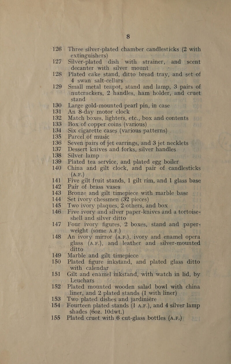 127 128 129 130 131 132 133 134 135 136 137 138 139 140 141 142 143 144 145 146 147 148 149 150 151 152 153 154 155 8 Three silver-plated chamber candlest fal (2 with extinguishers) Silver-plated dish with strainer, and scent decanter with silver mount Plated cake stand, ditto bread mee and set of 4 swan salt-cellars Small metal teapot, stand and lamp, 3 pairs of nutcrackers, 2 handles, ham holder, and cruet stand | Large gold-mounted pearl pin, in case An 8-day motor clock Match boxes, lighters, etc., box and contents Box of copper coins (various) Six cigarette cases (various patterns) . Parcel of music Seven pairs of jet earrings, and 3 jet necklets Dessert knives and forks, silver handles Silver lamp Plated tea service, and plated egg boiler China and gilt clock, and pair of candlesticks (A.F.) Five gilt fruit stands, 1 gilt rim, and 1 glass base Pair of brass vases Bronze and gilt timepiece with marble base Set ivory chessmen (32 pieces) Two ivory plaques, 2 others, and box Five ivory and silver paper-knives and a tortoise- shell and silver ditto Four ivory figures, 2 boxes, stand and paper- weight (some A.F.) An ivory mirror (A.F.), ivory and enamel opera glass (A.F.), and leather and _ silver-mounted ditto 4 Marble and gilt aitienieus Plated figure inkstand, and plated glass ditto with calendar Gilt and enamel inkstand, with watch in lid, by Leuchars Plated mounted wooden salad bowl with china Two plated dishes and jardiniére Fourteen plated stands (1 a.F.), and 4 silver lamp shades (60z. 10dwt.). Plated cruet with 6 cut-glass bottles (a. F.)