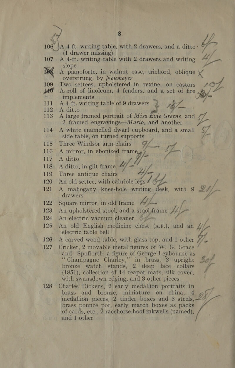  106 107 ~ 109 111 112 113 114 115 116 ey) 118 119 120 121 122 123 124 125 126 127 128 (1 drawer missing) A 4-ft. writing table with 2 drawers and writing ae slope A pianoforte, in walnut case, trichord, oblique 4 overstrung, by Newmeyer Two settees, upholstered in rexine, on castors / of, A. roll of linoleum, 4 fenders, and a set of fire / implements oF ” A 4-ft. writing table of 9 drawers 4 A ditto A large framed portrait of Miss Euie a, and ¢ 2 framed engravings—Mario, and another A white enamelled dwarf cupboard, and a small $7 side table, on turned Lee oy I Three Windsor arm-chairs A mirror, in ebonized fram oy . hae A ditto A ditto, in gilt frame Three antique chairs Uf ee, An old settee, with cabriole legs Me bd. A mahogany knee-hole writing» “desk, with 9 Ls pe f drawers fp Square mirror, in old frame AL. one f An upholstered stool, and a stool frame Hf lee An electric vacuum cleaner bg / An old English medicine chest (4.F.), and an yy) electric table bell A carved wood table, with glass top, and 1 other Cricket, 2 movable metal figures of W. G. Grace  and Spofiorth, a figure of George Leybourne as f “Champagne Charley,” in brass, 3 upright %4/ bronze watch stands, 2 deep lace collars (1851), collection of 14 teapot mats, silk cover, with swansdown edging, and 3 other pieces Charles Dickens, 2 early medallion portraits in brass and bronze, miniature on china, 4 s) medallion pieces, 2 tinder boxes and 3 steels, &lt;&lt; brass pounce pot, early match boxes as packs and | other 