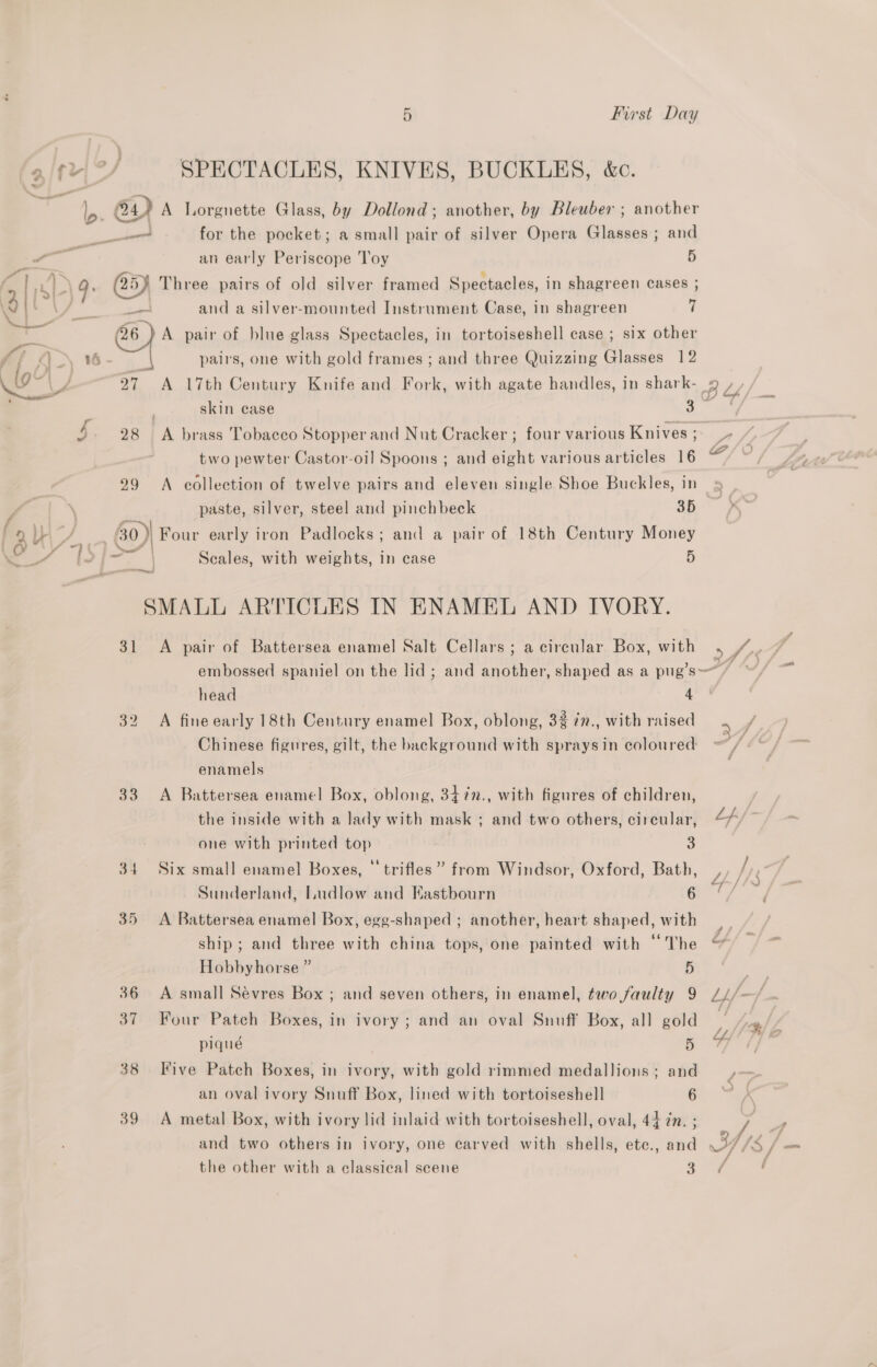 — $ | _ 27 A 17th Century Knife and pa with agate handles, in shark- BL. skin case 3 28 A brass Tobacco Stopper and Nut Cracker ; four various Knives ;- 7 two pewter Castor-oil Spoons ; and eight various articles 16 sa 29 A collection of twelve pairs and eleven single Shoe Buckles, in paste, silver, steel and pinchbeck 35 30) Four early iron Padlocks; and a pair of 18th Century Money it = Seales, with weights, in case 5 SMALL ARTICLES IN ENAMEL AND IVORY. 31 A pair of Battersea enamel Salt Cellars ; a circular Box, with 5 Ai embossed spaniel on the lid ; and another, shaped as a pug’s=~ head 4 32 A fine early 18th Century enamel Box, oblong, 33 ¢n., with raised =. / Chinese figures, gilt, the background with spraysin coloured dA enamels 33. A Battersea enamel Box, oblong, 3477., with figures of children, the inside with a lady with mask ; and two others, circular, Lf. one with printed top | 3 34 Six small enamel Boxes, “ trifles” from Windsor, Oxford, Bath, Wy, Sunderland, Ludlow and EKastbourn iF 35 &lt;A Battersea enamel Box, egg-shaped ; another, heart shaped, with ship; and three with china tops, one painted with “The “© Hobbyhorse ” 5 ae 36 A small Sevres Box ; and seven others, in enamel, two faulty 9 LLf/- J 37 Four Patch Boxes, in ivory ; and an oval Snuff Box, all gold piqué 5 38 Five Patch Boxes, in ivory, with gold rimmed medallions; and ,- an oval ivory Snuff Box, lined with tortoiseshell 6 39 A metal Box, with ivory lid inlaid with tortoiseshell, oval, 44 in. ; SPECTACLES, KNIVES, BUCKLES, &amp;c for the pocket; a small pair of silver Opera Glasses ; an an early Periscope ‘Toy and a silver-mounted Instrument Case, in shagreen d 5 7 pairs, one with gold frames ; and three Quizzing Glasses 1 2 hs