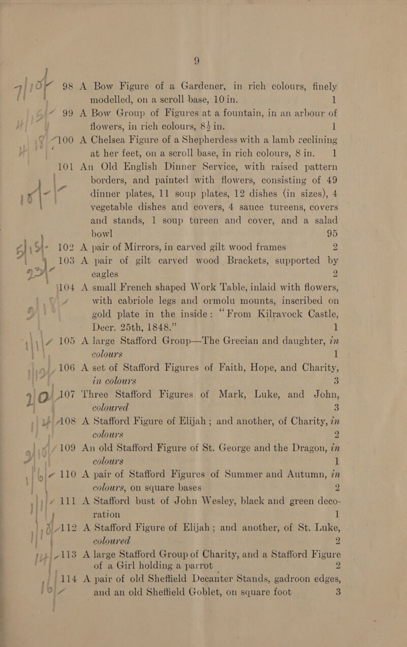 Ten ee 9 O” 98 A Bow Figure of a Gardener, in rich colours, finely modelled, on a scroll base, 10 in. 1 99 A Bow Group of Figures at a fountain, in an arbour of flowers, in rich colours, 84 in. 1 “100 A Chelsea Figure of a Shepherdess with a lamb reclining at her feet, on a scroll base, in rich colours, 8in. 1 101 An Old English Dinner Service, with raised pattern . : borders, and painted with flowers, consisting of 49 “hts dinner plates, 11 soup plates, 12 dishes (in sizes), 4 rat vegetable dishes and covers, 4 sauce tureens, covers and stands, 1 soup tureen and cover, and a salad ‘ bowl 95 hy Si- 102 A pair of Mirrors, in carved gilt wood frames 2 oa gi 103 A pair of gilt carved wood Brackets, supported by ys eagles 2 104 A small French shaped Work Table, inlaid with flowers, with cabriole legs and ormolu mounts, inscribed on gold plate in the inside: “From Kilravock Castle, Decr. 25th, 1848.” l ¢ 105 A large Stafford Group—The Grecian and daughter, zn colours . i) 106 A set of Stafford Figures of Faith, Hope, and Charity, C3 in colours 3 4) ey 107 Three Stafford Figures of Mark, Luke, and John, eT coloured 3 »- 108 A Stafford Figure of Elijah ; and another, of Charity, in colours 2 109 An old Stafford Figure of St. George and the Dragon, in colours 1 Ae 110 A pair of Stafford Figures of Summer and Autumn, in | colours, on square bases 2 j ration 1 (112 A Stafford Figure of Elijah; and another, of St. Luke, | coloured 2 F . ,~113 A large Stafford Group of Charity, and a Stafford Figure of of a Girl holding a parrot y. wi . Vis | and an old Sheffield Goblet, on square foot 3