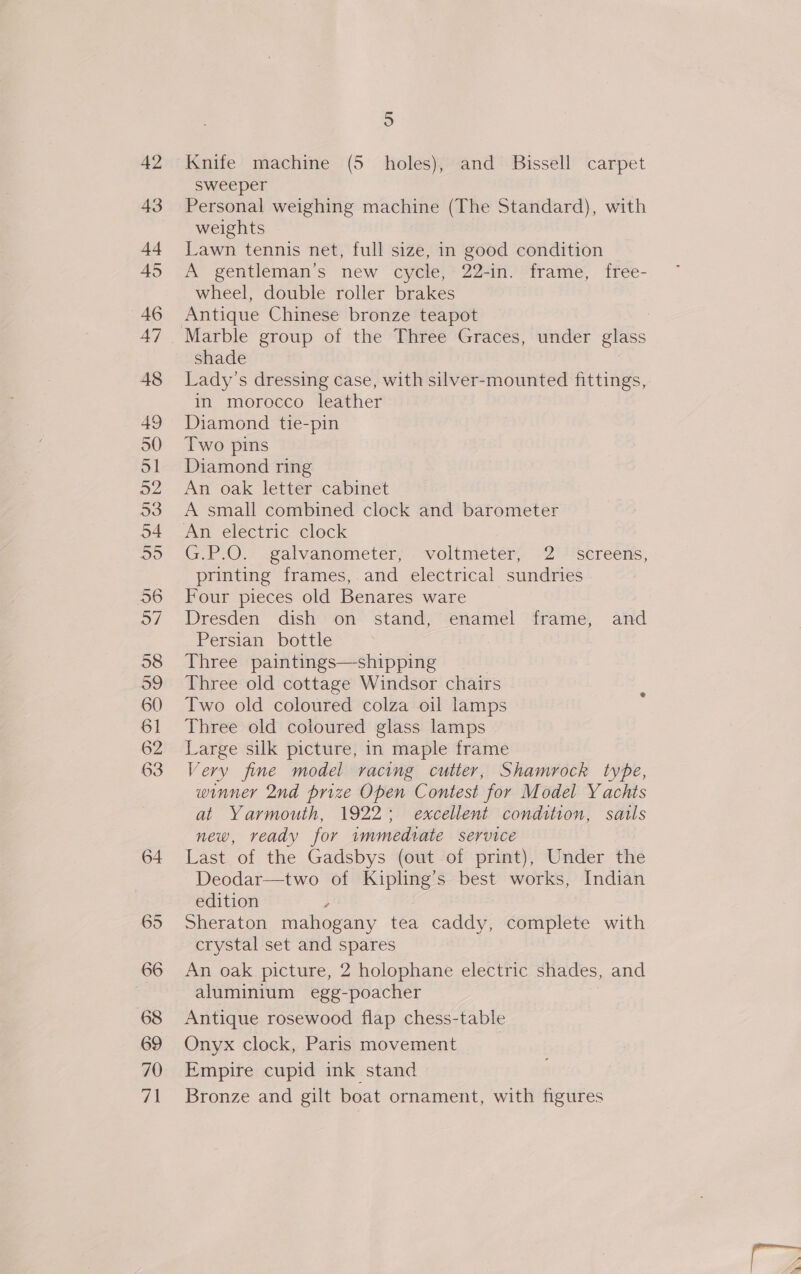 64 65 66 68 69 70 ah 5 Knife machine (5 holes), and Bissell carpet sweeper Personal weighing machine (The Standard), with weights Lawn tennis net, full size, in good condition A gentleman’s new cycle, 22-in. frame, free- wheel, double roller brakes Antique Chinese bronze teapot shade Lady's dressing case, with silver-mounted fittings, in morocco leather Diamond tie-pin Two pins Diamond ring An oak letter cabinet A small combined clock and barometer An electric clock GPO. galvanometer,; - voltmeter 2'''sereens, printing frames, and electrical sundries Four pieces old Benares ware Dresden dish on stand, enamel frame, and Persian bottle Three paintings—shipping Three old cottage Windsor chairs Two old coloured colza oil lamps Three old coloured glass lamps Large silk picture, in maple frame Very fine model racing cutter, Shamrock tybe, winner Ind prize Open Contest for Model Yachts at Yarmouth, 1922: excellent condition, sails new, ready for immediate service Last of the Gadsbys (out of print), Under the Deodar—two of Kipling’s best works, Indian edition / Sheraton mahogany tea caddy, complete with crystal set and spares An oak picture, 2 holophane electric shades, and aluminium egg-poacher Antique rosewood flap chess-table Onyx clock, Paris movement 7 Empire cupid ink stand Bronze and gilt boat ornament, with figures