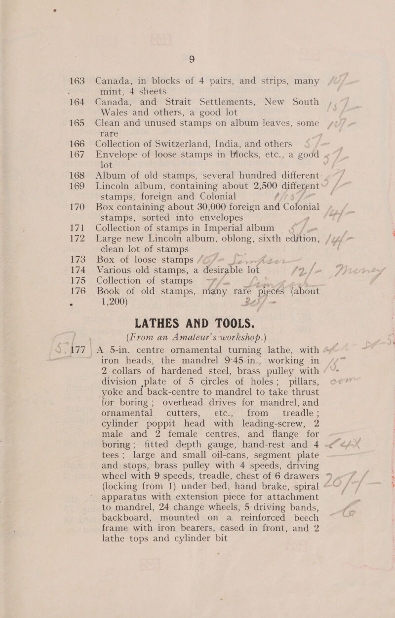 Canada, in blocks of 4 pairs, and strips, many mint, 4 sheets Canada, and Strait Settlements, New South Wales and others, a good lot Clean and unused stamps on album leaves, some rare Collection of Switzerland, India, and others Envelope of loose stamps in blocks, etc., a good « lot : Album of old stamps, several hundred different. . Lincoln album, containing about 2 Beng different stamps, foreign and Colonial Box containing about 30,000 foreign saad Colonial stamps, sorted into envelopes | Collection of stamps in Imperial album Large new Lincoln album, oblong, sixth edition, clean lot of stamps Box of loose stamps “ bate Various old stamps, a desirable lot {(4/- Collection of stamps ~?/... ste = Book of old stamps, many rate ‘pieces (about 1,200) | SEE, LATHES AND TOOLS. (From an Amateur’s workshop.) iron heads, the mandrel 9°45-in., working in 2-collars of hardened steel, brass pulley with division plate of 5 circles of holes; _ pillars, yoke and back-centre to mandrel to take thrust for boring; overhead drives for mandrel, and ornamental cutters, etc., from _ treadle; cylinder poppit head with leading-screw, 2 male and 2 demale* centres, and ilange {or tees; large and small oil-cans, segment plate and stops, brass pulley with 4 speeds, driving to mandrel, 24 change wheels, 5 driving bands, backboard, mounted on a _ reinforced beech frame with iron bearers, cased in front, and 2 lathe tops and cylinder bit