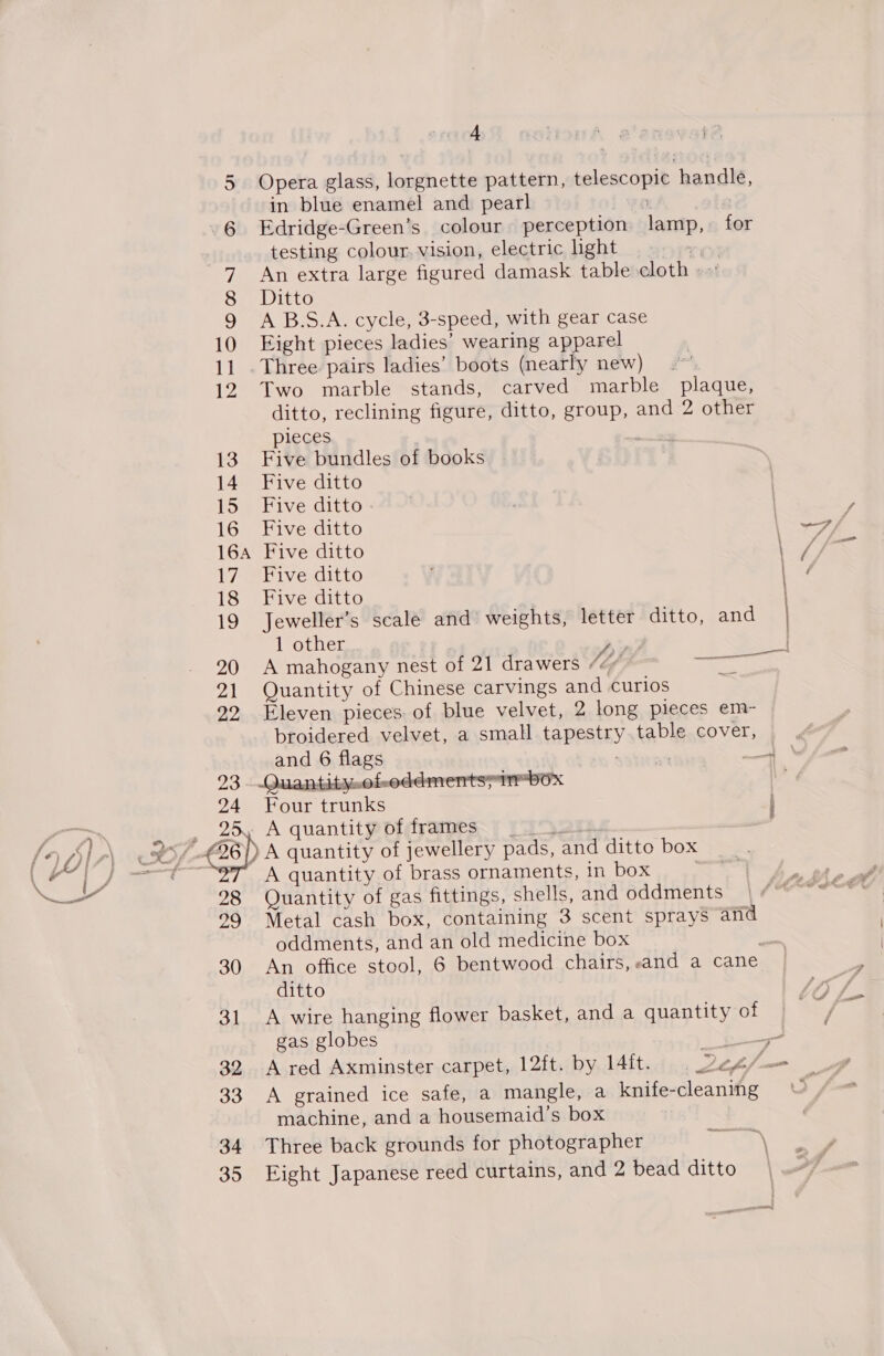 D> mee Sot 7 8 9 10 ri 35 + Opera glass, lorgnette pattern, telescopic handle, in blue enamel and pearl it Edridge-Green’s colour perception lamp, for testing colour, vision, electric light ro An extra large figured damask table cloth » Ditto A B.S.A. cycle, 3-speed, with gear case Eight pieces ladies’ wearing apparel Three pairs ladies’ boots (nearly new) 12 Two marble stands, carved marble plaque, ditto, reclining figure, ditto, group, and 2 other pieces | 13 Five bundles of books 14 Five ditto 15 Five ditto - 16 Five ditto | 16A Five ditto \ 17 Five ditto ; | 18 Five ditto | 19 Jeweller’s scale and weights, letter ditto, and 1 other , b> | 20 A mahogany nest of 21 drawers “« Sey tet Ae Nas 21 Quantity of Chinese carvings and curios 22 Eleven pieces. of blue velvet, 2 long pieces em- broidered velvet, a small tapestry.table cover, and 6 flags pe ee page 23 -Quantitynofoddmentsyimr box 24 Four trunks , 25, A quantity of frames _ 4. r\ € H5/ 26)}) A quantity of jewellery pads, and ditto box a sa A quantity of brass ornaments, in box | 28 Quantity of gas fittings, shells, and oddments 99 Metal cash box, containing 3 scent sprays and oddments, and an old medicine box : 30 An office stool, 6 bentwood chairs, «and a cane ditto 31 A wire hanging flower basket, and a quantity of gas globes os 32 A red Axminster carpet, 12ft. by 14ft. . 2es/—- 33 A grained ice safe, a mangle, a knife-cleaning machine, and a housemaid’s box 34 Three back grounds for photographer ; ean Eight Japanese reed curtains, and 2 bead ditto