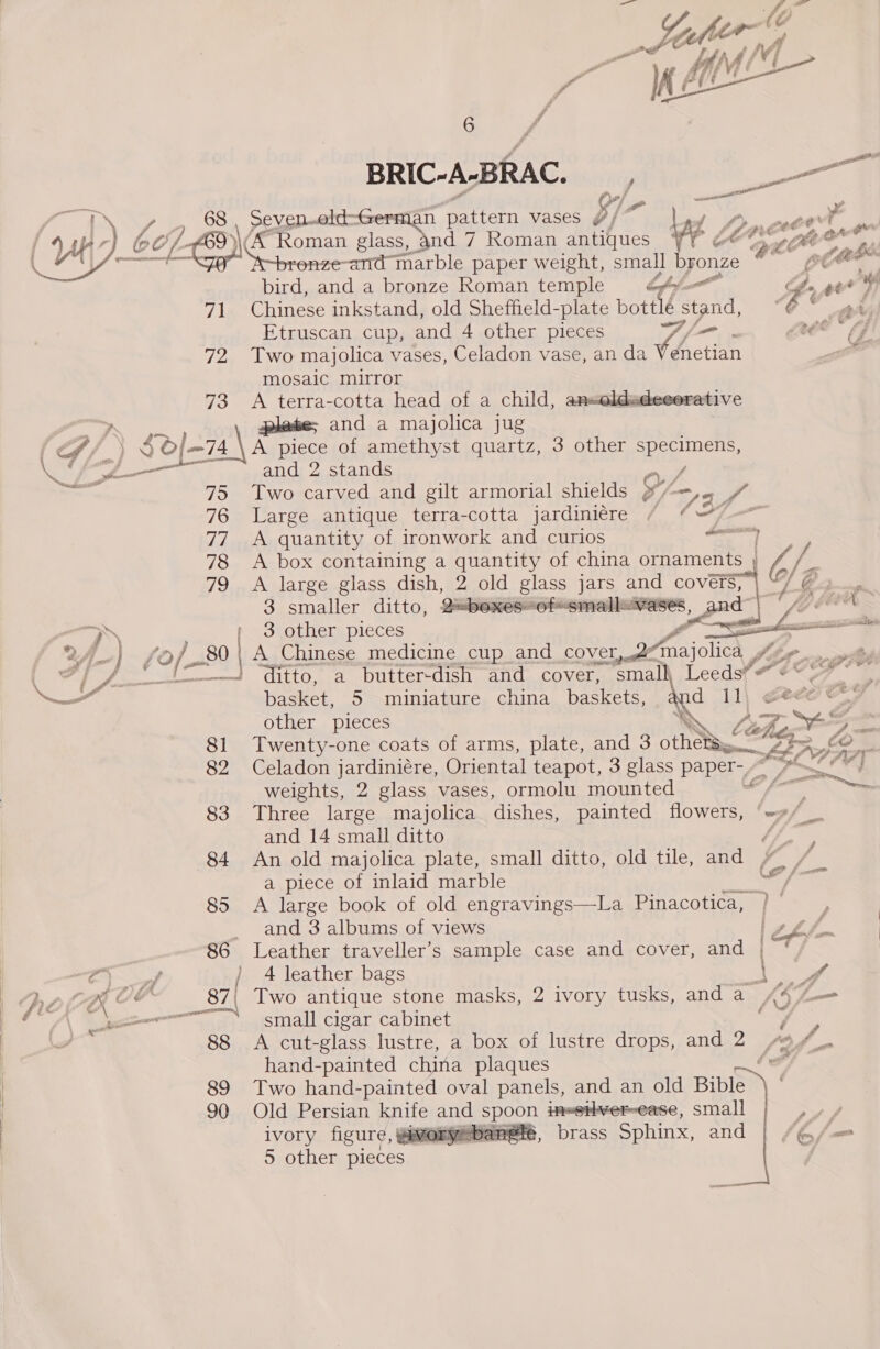    6 2 Fé — BRIC-A-BRAC._, ee 68 2 aa pattern vases $7] a y See ye EO) ‘Roman glass, and 7 Roman antiques ¥ EC pice on yy Sxbronze-amret narble paper weight, Slay byonze © pede” bird, and a bronze Roman temple bof > aer F 71 Chinese inkstand, old Sheffield-plate bott tlé stand, “bf ee Etruscan cup, and 4 other pieces a nee 4 72 Two majolica vases, Celadon vase, an da neon . mosaic mirror 73 A tetra.cottasbead ot 2.child, plate; and a majolica jug  decorative 75 Two carved and gilt armorial shields GZ 5 f 76 Large antique terra-cotta jardimiére / ¢@/—~ 77 A quantity of ironwork and curios “ot 78 <A box containing a quantity of china ornaments | 1G $7 79 A large glass dish, 2 old glass jars and covers, | 3 smaller ditto, ccseneaigimeneaial 3 other pieces   ai ‘ditto, a butter-dish and cover, smalh Leeds’ f Ce ay basket, 5 miniature china baskets, aes other pieces Los Ths eA Z, 81 Twenty-one coats of arms, plate, and 3 othodse “A LEC Ay 82 Celadon jardiniére, Oriental teapot, 3 glass paper-~ on soe weights, 2 glass vases, ormolu mounted CO fe 83 Three large majolica dishes, painted flowers, ‘=, and 14 small ditto tS Be: 84 An old majolica plate, small ditto, old tile, and /_ a piece of inlaid marble et, 85 A large book of old engravings—La Pinacotica, }~ and 3 albums of views | th — 86 Leather travellers sample case and cover, and te / 4 leather bags E PS 87| Two antique stone masks, 2 ivory tusks, anda , KS 7- small cigar cabinet : / 88 A cut-glass lustre, a box of lustre drops, and 2 LO hand-painted china plaques f/ 89 Two hand-painted oval panels, and an old Biles 90 Old Persian knife aid eee imeiver-ease, Small er ivory figure, givonyebaneh brass Sphinx, and | /@/— 5 other pieces  ¢  eee