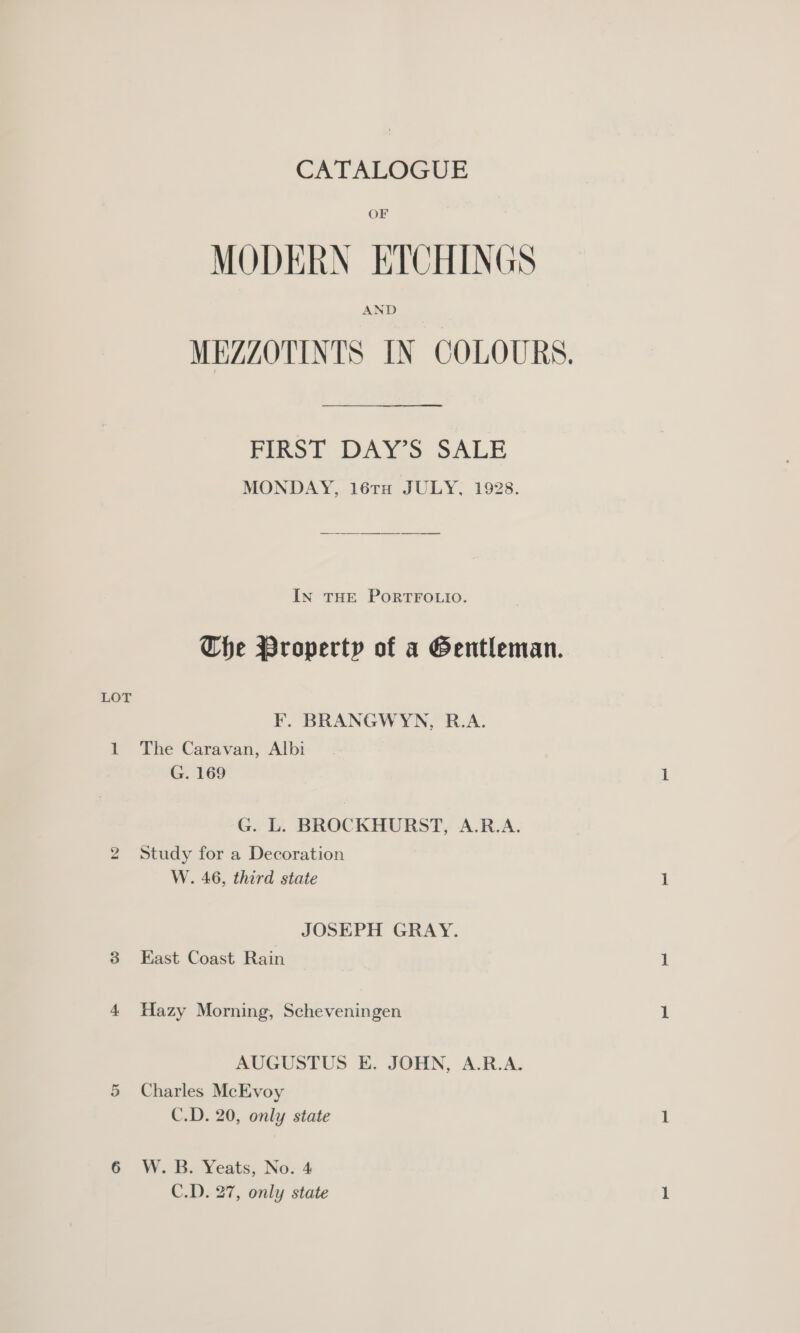 CATALOGUE OF MODERN ETCHINGS AND MEZZOTINTS IN COLOURS. FIRST DAY’S SALE MONDAY, 16TH JULY, 1928. In THE PORTFOLIO. The Property of a Gentleman. LOT F. BRANGWYN, R.A. 1 The Caravan, Albi G. 169 G. L. BROCKHURST, A.R.A. Study for a Decoration W. 46, third state bo JOSEPH GRAY. 3 East Coast Rain 4 Hazy Morning, Scheveningen AUGUSTUS E. JOHN, A.R.A. 5 Charles McEvoy C.D. 20, only state 6 W.B. Yeats, No. 4 C.D. 27, only state