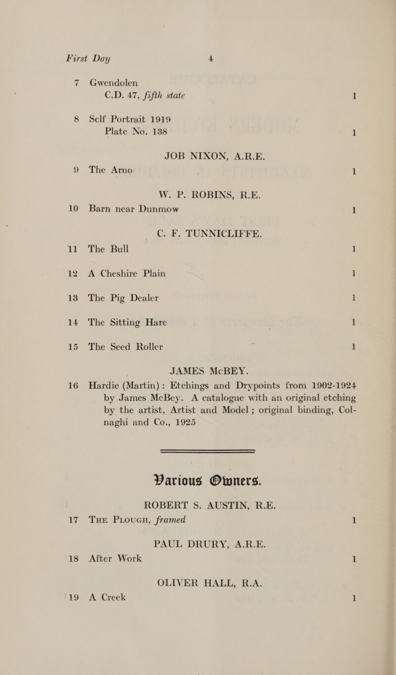 First Day 4 ~ 7 Gwendolen C.D. 47, fifth state 1 8 Self Portrait 1919 Plate No. 138° id ae | JOB NIXON, A.R.E. The Arno | . 1 eo) W. P. ROBINS, R.E. 10 Barn near Dunmow 1 __(. F. TUNNICLIFFE. 11 The Bull 1 12 A Cheshire Plain 1 138 The Pig Dealer 1 14 The Sitting Hare . 1 15 The Seed Roller : 1 JAMES McBEY. 16 Hardie (Martin): Etchings and Drypoints from 1902-1924 by James McBey. A catalogue with an original etching by the artist, Artist and Model; original binding, Col- naghi and Co., 1925 Various Owners. | ROBERT 8S. AUSTIN, R.E. 17 Tue PxLoven, framed 1 PAUL DRURY, A.R.E. 18 After Work 1 OLIVER HALL, R.A. .