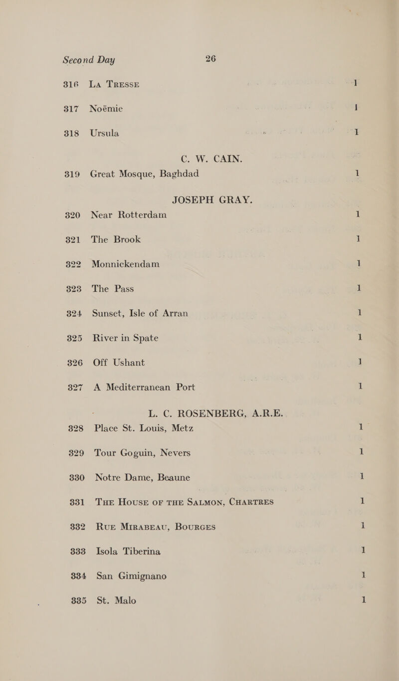 316 La TRESSE 317 Noémie 318 Ursula C. W. CAIN. 319 Great Mosque, Baghdad JOSEPH GRAY. 320 Near Rotterdam 321 The Brook 322 Monnickendam 323 The Pass 324 Sunset, Isle of Arran 325 River in Spate 326 Off Ushant 327 A Mediterranean Port L. C. ROSENBERG, A.R.E.. 828 Place St. Louis, Metz 329 Tour Goguin, Nevers 330 Notre Dame, Beaune 331 Tuer HOUSE OF THE Sine CHARTRES 332 Rue MIRABEAU, BOURGES 333 Isola Tiberina 334 San Gimignano 835 St. Malo ped