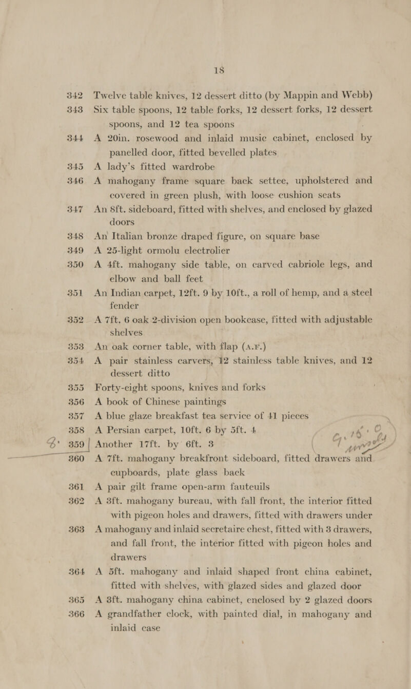 342 343 B44 365 366 18 Twelve table knives, 12 dessert ditto (by Mappin and Webb) Six table spoons, 12 table forks, 12 dessert forks, 12 dessert spoons, and 12 tea spoons A 20in. rosewood and inlaid music cabinet, enclosed ” panelled door, fitted bevelled plates A lady’s fitted wardrobe A mahogany frame square back settee, upholstered and covered in green plush, with loose cushion seats An 8ft. sideboard, fitted with shelves, and enclosed by glazed doors An Italian bronze draped figure, on square base A 25-light ormolu electrolier A 4ft. mahogany side table, on carved op bricks Leas, and elbow and ball feet An Indian carpet, 12ft. 9 by 10ft., a roll of hemp, and a steel fender A 7ft, 6 oak 2-division open bookcase, fitted with adjustable shelves An oak corner table, with flap (4.Fr.) A pair stainless carvers, 12 stainless table knives, and 12 dessert ditto Forty-eight spoons, knives and forks A book of Chinese paintings A blue glaze breakfast tea service of 41 pieces . A Persian carpet, 10ft. 6 by 5ft. 4 16 ae Another 17ft. by’ 6ft. 3 | Tae A 7ft. mahogany breakfront sideboard, fitted drawers aid cupboards, plate glass back A pair gilt frame open-arm fauteuils A 3ft. mahogany bureau, with fall front, the interior fitted with pigeon holes and drawers, fitted with drawers under A mahogany and inlaid secretaire chest, fitted with 3 drawers, and fall front, the interior fitted with pigeon holes and drawers A dft. mahogany and inlaid shaped front china cabinet, fitted with shelves, with glazed sides and glazed door A 3ft. mahogany china cabinet, enclosed by 2 glazed doors A grandfather clock, with painted dial, in mahogany and inlaid case