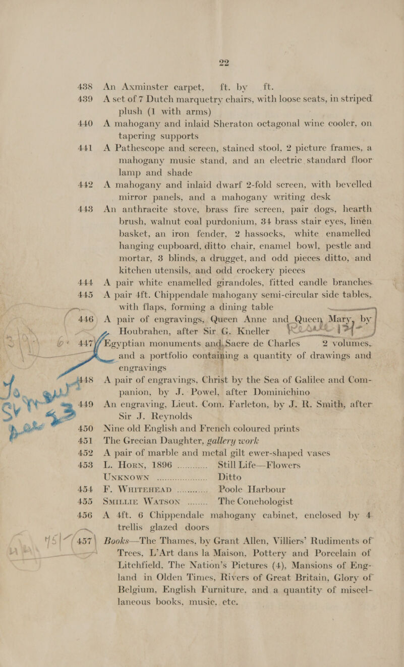 439 A set of 7 Dutch marquetry chairs, with loose seats, in striped plush (1 with arms) : 440 A mahogany and inlaid Sheraton octagonal wine cooler, on tapering supports 441 A Pathescope and screen, stained stool, 2 picture frames, a mahogany music stand, and an electric standard floor lamp and shade 442 A mahogany and inlaid dwarf 2-fold screen, with bevelled mirror panels, and a mahogany writing desk 443 An anthracite stove, brass fire screen, pair dogs, hearth brush, walnut coal purdonium, 34 brass stair eyes, linen basket, an iron fender, 2 hassocks, white enamelled hanging cupboard, ditto. chair, enamel bowl, pestle and mortar, 3 blinds, a drugget, and odd pieces ditto, and kitchen utensils, and odd crockery pieces 444 A pair white enamelled girandoles, fitted candle branches. 445 &lt;A pair 4ft. Chippendale mahogany semi-circular side tables, oy with flaps, forming a dining table aa / 446 A pair of engravings, Queen Anne and Queen Mary, by ? Houbrahen, after Sir G. Kneller feed neta] Egyptian monuments and,Sacre de Charles 2 volumes, _and a portfolio a a quantity of drawings and engravings 448 &lt;A pair of engravings, Christ by the Sea of Galilee and Com- ay] : panion, by J.: Powel, after Dominichino ‘ 3° An engraving, Lieut. Com. Farleton, by J. R. ‘Smith, after   Sir J. Reynolds 450 Nine old English and French coloured prints 451 The Grecian Daughter, gallery work 452 &lt;A pair of marble and metal gilt ewer-shaped vases 465-1. Hogs, 2696 ........%.... Still Life—Flowers UNKNOWR oie Ditto 454 EF. WHITEHEAD. .&gt;.. 2... Poole Harbour 455 SMILLIE WATSON ........ The Conchologist 456 &lt;A 4ft. 6 Chippendale mahogany cabinet, enclosed by 4 - trellis glazed doors 45 | 7 (457\ Books—The Thames, by Grant Allen, Villiers’ Rudiments of | &gt; Trees, L’Art dans la Maison, Pottery and Porcelain of Litchfield, The Nation’s Pictures (4), Mansions of Eng- land in Olden Times, Rivers of Great Britain, Glory of Belgium, English Furniture, and a quantity of miscel- laneous books, music, ete.