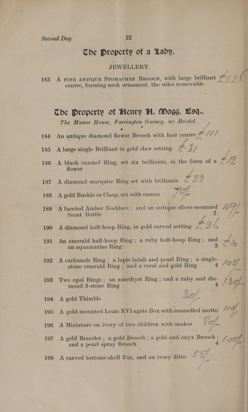 183 184 185 186 187 188 189 190 191 192 193 194 195 196 197 198 The Property of a Lady. JEWELLERY. centre, forming neck ornament, the sides removable The Property of Henry TH. Mogg, Lsq., The Manor House, Farrington Gurney, nr. Bristol. An antique diamond flower Brooch with hair centre rem Ae, ie aM « if A large single Brilliant in gold claw setting flower Z ae | A diamond marquise Ring set with brilliants © « ed A gold Buckle or Clasp, set with cameo f “fe A faceted Amber Necklace ; and an antique silver-mounted Scent Bottle } | A diamond half-hoop Ring, in gold carved setting L232 An emerald half-hoop Ring; a ruby half-hoop Ring; and an aquamarine Ring 3 A carbuncle Ring ; a lapis lazuli and pearl Ring ; a single- Two opal Rings ; an amethyst Ring ; and a ruby and dia- mond 5-stone Ring 4 A gold Thimble A gold-mounted Louis XVI agate Box with enamelled motto A Miniature on ivory of two children with snakes 5 On and a pearl spray Brooch A carved tortoise-shell Fan, and an ivory ditto 2 Pot