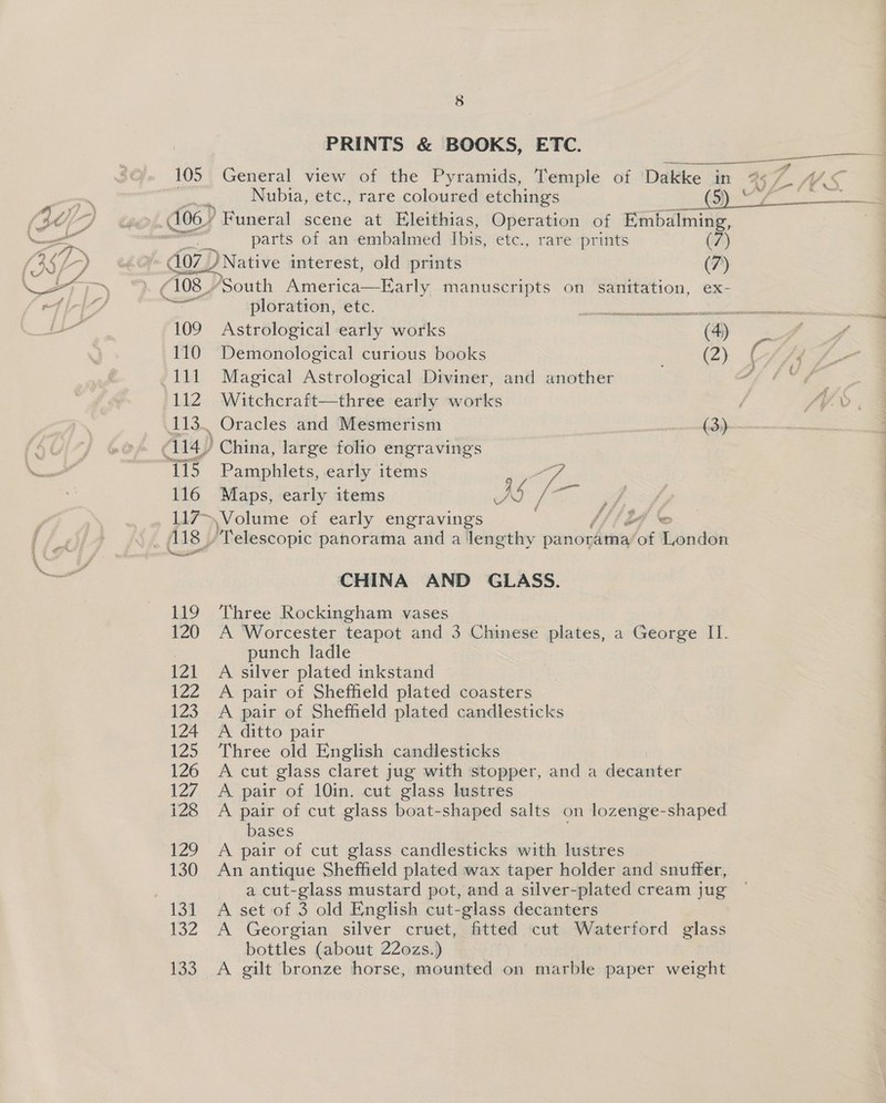   PRINTS &amp; BOOKS, ETC. : ————— 105 General view of the Pyramids, Temple of Dakke in 34 7 WS ie Nubia, etc., rare coloured etchings Ue ata (dy | 406? ’Funeral scene at Eleithias, Operation of i . rag parts of an embalmed Ibis, ete., rare prints (7) (35 fp) eh 107 Native interest, old prints (7) ne el South America—Early manuscripts on sanitation, ex- rf lel“ heck ploration, etc. elegans taipidliiaetbi se snenatcmenn mim 109 Astrological early works (4) yA 110 Demonological curious books (7) Cy Ad lll Magical Astrological Diviner, and another Ay Ee a 112 Witchcraft—three early works / f¥® | 113. Oracles and Mesmerism . £3))-———-—-~ ‘SUZ, 414) China, large folio engravings Sa a Pamphlets, early items ~7 116 Maps, early items ae | Ve BT / , 117&gt;)Volume of early engravings / 34 ‘© {fe (118 p Telescopic panorama and a lengthy puntor Atha) of London (Cal Mes earth CHINA AND GLASS. 119 Three Rockingham vases 120 A Worcester teapot and 3 Chinese plates, a George II. | punch ladle 121 A silver plated inkstand 122 A pair of Shefheld plated coasters. 123 A pair of Sheffield plated candlesticks 124 A ditto pair 125 Three old English candlesticks 126 A cut glass claret jug with stopper, and a decanter 127 A pair of 10in, cut glass lustres i28 &lt;A pair of cut glass boat-shaped salts on lozenge-shaped bases 129 A pair of cut glass candlesticks with lustres 130 An antique Sheffield plated wax taper holder and snuffer, ; a cut-glass mustard pot, and a silver-plated cream jug 131 A set of 3 old English cut-glass decanters 132 A Georgian silver cruet, fitted cut Waterford glass bottles (about 22o0zs.) 133 A gilt bronze horse, mounted on marble paper weight FP I ee ey ne eT Tf ep ee ee ee x ”