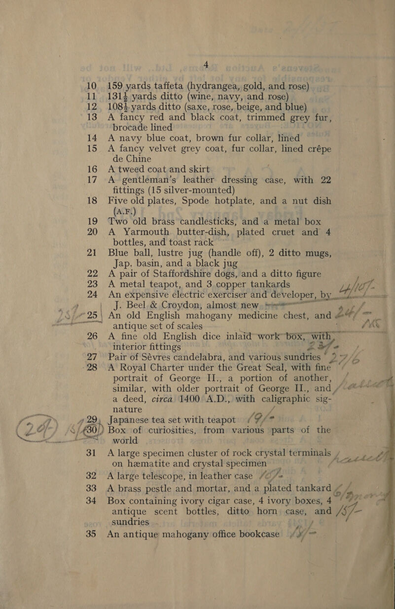 Lr 25 | erteagett ee | + 159 yards taffeta (hydrangea, gold, and rose) 1314 yards ditto (wine, navy, and rose) 1084. yards ditto (saxe, rose, beige, and blue) A fancy red and black coat, trimmed grey fur, brocade lined A navy blue coat, brown fur collar, lined A fancy velvet grey coat, fur collar, lined crépe de Chine A tweed coat and skirt A- gentleman’s leather dressing case, with 22 fittings (15 silver-mounted) Five old plates, Spode hotplate, and a nut dish (A.F.) Two old brass candlesticks, and a metal box A Yarmouth butter-dish, plated cruet and 4 bottles, and toast rack Blue ball, lustre jug (handle off), 2 ditto mugs, Jap. basin, and a black jug A pair of Staffordshire dogs, and a ditto figure A metal teapot, and 3 copper tankards ape An expensive electric exerciser and developer, by. Baud J. Beel. &amp; Croydon, almost new =e An old English mahogany medicine chest, and b4/ ore ff ee antique set of scales FAY A fine old English dice inlaid work boxy “with, interior fittings é 237. Pair of Sévres candelabra, and various sundries * e: A/ b> A Royal Charter under the Great Seal, with fine “ ~ portrait. of George II:, a portion of another, / ,, Um similar, with older portrait of George I., and ~~ ~~ a deed, circa 1400 A.D., with caligraphic sig- nature world A large specimen cluster of rock crystal terminals / on hematite and crystal specimen  A large telescope, in leather case “@ To A brass pestle and mortar, and a plated tankard , Box containing ivory cigar case, 4 ivory boxes, 4 | antique scent bottles, ditto hom case, and /§/— sundries . : - i An antique mahogany office bookcase “>  