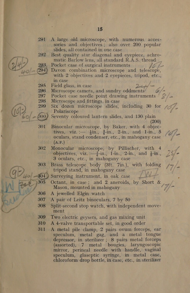 291 <A large old microscope, with numerous acces- sories and objectives; also over 200 popular slides, all contained in one case : 292 Best quality star diagonal and eyepiece, achro- me | i) matic Barlow lens, all standard R.A.S. UTC (4 tA, Pocket case of surgical instruments f a  hn iy Davon combination microscope and Pictore. — with 2 objectives and 2 eyepieces, tripod, etc., | in case } 295 Field glass, in case Zot _, 296 Microscope camera, and sundry oddments O/- 297 Pocket case needle point drawing instruments © &amp;/.. 298 Microscope and fittings, in case | Six dozen microscope slides, including 30 for Polariscope ) Seventy coloured lantern slides, and 130 plain at tw “* O  (200) Binocular microscope, by Baker, with 4 objec- tives, \viz.:— hin., ?-in., 2-in., and l-in., 5 A , oculars, stand condenser, etc., in mahogany case “f (A.F.) , 302 Monocular microscope, by Pillischer, with 4 —~ | objectives, viz. :—}-in., l-in., 2-in., and 4-m., 49, 3 oculars, etc., in mahogany case rar Poi 303 Brass telescope body (3ft. 7in.), with folding /» / (a le) tripod stand, in mahogany case eeey ate) 4S», iy qt Cae 4 Surveying instrument, in oak case 4 .t-¥ Octant, in case; and 2 aneroids, by Short at Mason, mounted in mahogany . A jewelled Elgin watch  - f ye f 307 A pair of Leitz binoculars, 7 by 50 f ies a 308 Split-second stop watch, with independent move- as ment 309 Two electric geysers, and gas mixing unit 310 A 4-valve transportable set, in good order 3i1 A metal pile clamp, 2 pairs ovum forceps, ear speculum, metal gag, and a metal tongue depressor, in sterilizer ; 8 pairs metal forceps (assorted), 7 metal bougies, laryngoscopic mirror, perineal needle with handle, vaginal speculum, glaseptic syringe, im metal case, chloroform drop bottle, in case, etc., in sterilizer