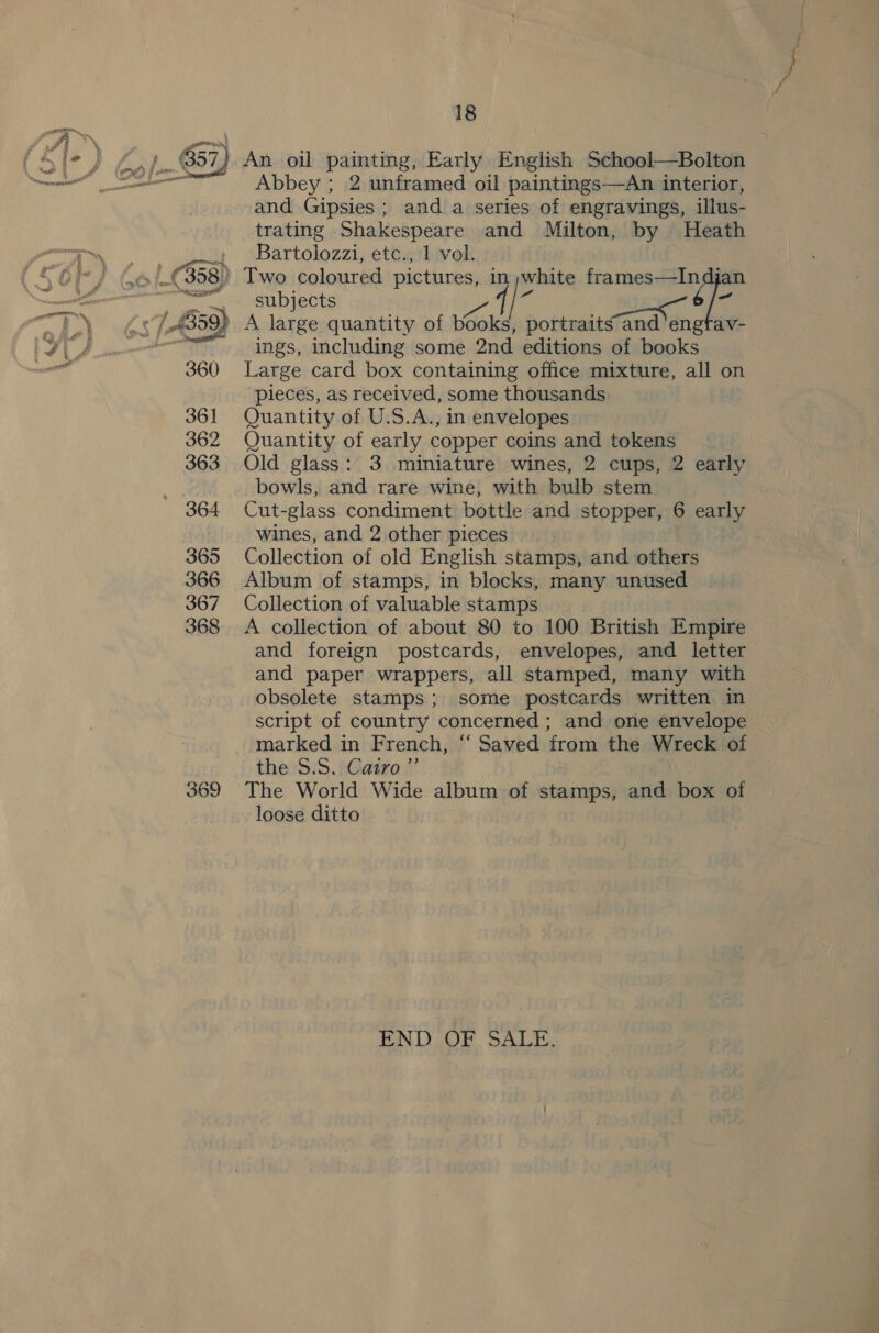 369 An oil painting, Early English School—Bolton Abbey ; 2 unframed oil paintings—An interior, and Gipsies ; and a series of engravings, illus- trating Shakespeare and Milton, by Heath Bartolozzi, etc., 1 vol. Two coloured pictures, in white frames—Indjan subjects y qi PB ccor é/- ings, including some 2nd editions of books Large card box containing office mixture, all on pieces, as received, some thousands Quantity of U.S.A., in envelopes Quantity of early copper coins and tokens Old glass: 3 miniature wines, 2 cups, 2 early bowls, and rare wine, with bulb stem Cut-glass condiment bottle and stopper, 6 early wines, and 2 other pieces Collection of old English stamps, and others Album of stamps, in blocks, many unused Collection of valuable stamps A collection of about 80 to 100 British Empire and foreign postcards, envelopes, and letter and paper wrappers, all stamped, many with obsolete stamps; some postcards written in script of country concerned ; and one envelope marked in French, “ Saved irom the Wreck of the $.S. Cairo ”’ The World Wide album of stamps, and box of loose ditto END.OF SALE,