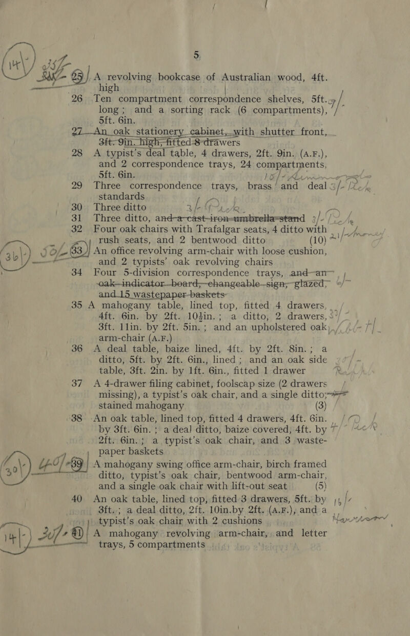 ee high 26 .Ten compartment Bish ai Shelves, 5ft. long; and a sorting rack (6 compartments), ’/ 5ft. 6in. 27-An_oak stationery cabinet,_with shutter front, 3ft- 9in. high;-fitted-8-¢ -8-drawers 28 A typist’s deal table, 4 drawers, 2ft. Qin. (A.F.), and 2 correspondence trays, 24 copepAte pens: 5ft. 6in. Lael Hs eet 29 Three correspondence trays, brass / sia “deal 3 [- [Let standards Ay 30 Three ditto hG HQ: ~ , 31 Three ditto, noah Fa grils nsAP ON AE. 3/- Y eelhe 32 Four oak chairs with Trafalgar seats, 4 ditto with ss i ~~; rush seats, and 2 bentwood ditto (10) Saw oe and 2 typists’ oak revolving chairs 34 Four 5-division correspondence trays, and-an~_ , -oak—indicator—beard;—ehangeable—sign;~glazed, °/~ and_15 wastepaper-baskets: 35 A mahogany table, lined top, fitted 4 drawers, _ 4ft. 6in. by 2ft. 104in.; a ditto, 2 drawers, &lt;*/ 3ft. llin. by 2ft. 5in.; and an upholstered oak, lt a ; arm-chair (A.F.) 36 A deal table, baize lined, 4ft. by 2ft. 8in.; a ditto, 5ft. by 2ft. 6in., lined; and an oak side table, 3ft. 2in. by lft. 6in., fitted 1 drawer 37 A 4-drawer filing cabinet, foolscap size (2 drawers / missing), a typist’s oak chair, and a single ditto; ie stained mahogany (3) ‘38 -An oak table, lined top, fitted 4 drawers, 4ft. Gin. /7) / by 3ft. Gin. ; a deal ditto, baize covered, 4ft. by 7/° &lt;&lt; 2ft:) 6in.; a typist’s oak chair, and 3 waste- paper baskets \ Os ditto, typist’s oak chair, bentwood arm-chair, and a single oak chair with lft-out seat (5) 40 An oak table, lined top, fitted 3 drawers, Sft. by , _ Sft.; a deal ditto, 2ft. 10in.by 2ft. (A.F.), and a | ; | typist’ s oak chair with 2 cushions |, aA