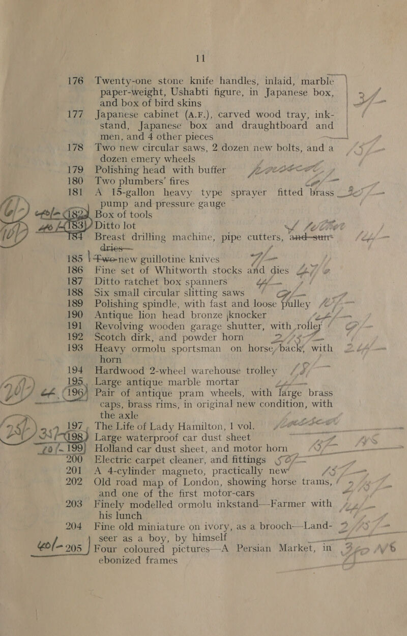  Twenty-one stone knife handles, inlaid, marble | paper-weight, Ushabti figure, in Japanese box, | and box of bird skins : Japanese cabinet (A.F.), carved wood tray, ink- stand, Japanese box and draughtboard yeh men, and 4 other pieces onl Two new circular saws, 2 dozen new bolts, dade a dozen emery wheels Polishing head with buffer | op Two plumbers’ fires te pump and pressure gauge © Box of tools Ditto lot S LUC Breast drilling machine, pipe cutters, aad-—surt= dries— 185 | Ewo-new guillotine knives “Hf. _ 186 Fine set of Whitworth stocks and dies Shy 7; 187 Ditto ratchet box spanners bm of | 188 Six small circular slitting saws ‘ ry fh 189 Polishing spindle, with fast and fhe. ante ( 190 Antique lion head bronze jknocker 191 Revolving wooden garage shutter, with soli CA 192 Scotch dirk, and powder horn ZY , 193 Heavy ormolu sportsman on horse, bacly with  204 ¢o/- 205 | horn met Hardwood 2-wheel warehouse trolley /.4 Large antique marble mortar Pair of antique pram wheels, with ras. brass caps, brass rims, in original new condition, with the axle 2 e Electric carpet cleaner, and fittings §@/— y A 4-cylinder magneto, practically new’ Dy ta and one of the first motor-cars 5 Finely modelled ormolu inkstand—Farmer with + » his lunch ARP ebonized frames » The Life of Lady Hamilton, 1 vol. = yo wa ! Large waterproof car dust sheet aS. gee AS Holland car dust sheet, and motor horn _ ¥, _