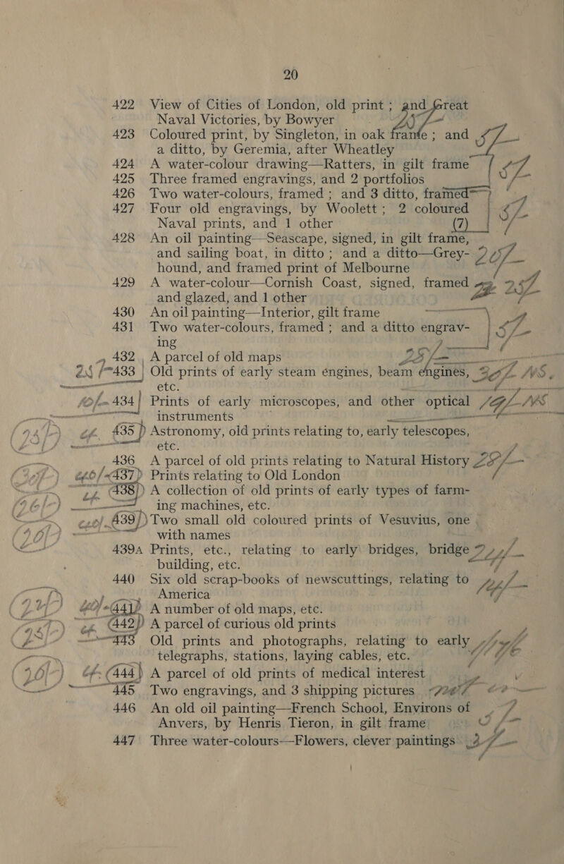 422 View of Cities of London, old print ; and_Great | Naval Victories, by Bowyer Vig 423 Coloured print, by Singleton, in oak frante a ditto, by Geremia, after Wheatley 424 A water-colour drawing—Ratters, in gilt frame 425 Three framed engravings, and 2 portfolios 426 Two water-colours, framed; and 3 ditto, framé ra 427 Four old engravings, by Woolett; 2 coloured | gf Naval prints, and 1 other 7 428 An oil painting—Seascape, signed, in gilt frame, 3 and sailing boat, in ditto; and a ditto—Grey- y/ Ly hound, and framed print of Melbourne Bor 429 A water-colour—Cornish Coast, ha ee framed - ¢ and glazed, and 1 other lee 430 An oil painting—Interior, gilt frame 431 a water-colours, framed ; and a ditto engrav- 1g   / ng “ ee , 432, A parcel of old maps Ly / és (7 “433 | Old prints of early steam engines, beam gf Fac ae cf Ws — (ee) heen oleae etc. ee. = &gt; fom (434 | Prints of early microscopes, and other optical OZ AS oma instruments aac 7 ite it £35 ) Astronomy, old prints relating to, early teleseapes, enter sviaeoo lite etc. 436 &lt;A parcel of old prints relating to Natural History &gt; HO, /-437) Prints relating to Old London Sey ae A collection of old prints of early types of farm- it a. ml ing machines, etc. 439) }Two small old coloured prints of Vesuvius, one © anil with names P 439A Prints, etc., relating to early) bridges, bridge 7 7 JZ of building, etc. 440 Six old scrap-books of newscuttings, relating to /op ae A bor ‘Gap A number of old maps, etc. Gi y) A parcel of curious old prints 403 Old prints and photographs, relating to early - ty. ; _ telegraphs, stations, laying cables, etc. Ve Vi é ops ( &gt; 444) A parcel of old prints of medical interest ) “445 Two engravings, and 3 shipping pictures -72¢7 - Pe 446 An old oil painting—French School, Environs of ¢ Anvers, by Henris Tieron, in gilt frame) ow Of 447 Three water-colours—Flowers, clever paintings - 3 4 _