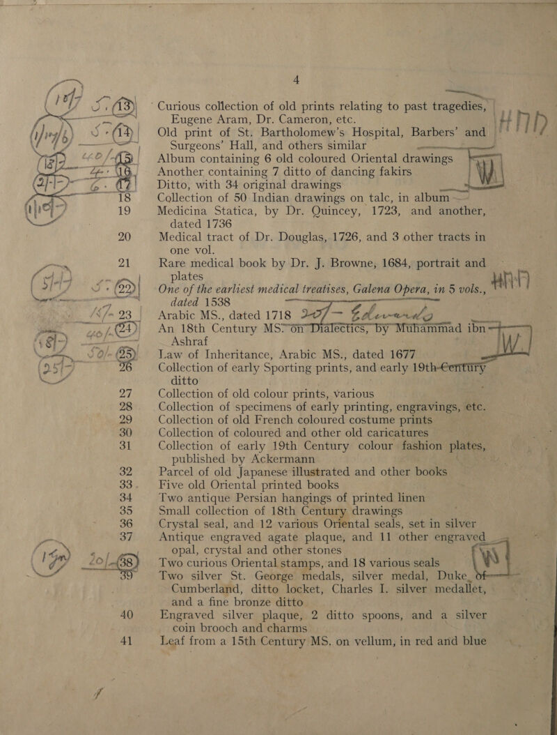   4] 4 ia. Old print of St. Bartholomew’s Hospital, Barbers’ and) ~ ° Surgeons’ Hall, and others similar — ; Album containing 6 old coloured Oriental drawines. Another containing 7 ditto of dancing fakirs | Ditto, with 34 original drawings oe. Collection of 50 Indian drawings on talc, in album Medicina Statica, by Dr. Quincey, 1723, and another, dated 1736 Medical tract of Dr. Douglas, 1726, and 3 other tracts in one vol. Rare medical book by Dr. J. Browne, 1684, portrait and  plates My}: F) One of the earliest medical treatises, Galena Opera, % in 5 vols., dated 1538 a. te Arabic MS., dated 1718 An 18th Century MS 6n Ashraf . Law of Inheritance, Arabic MS., dated 1677 ; Collection of early Sporting prints, and early 19th try ditto Collection of old colour prints, various Collection of specimens of early printing, engravings, etc. Collection of old French coloured costume prints Collection of coloured and other old caricatures Collection of early 19th Century colour fashion plates, published by Ackermann Parcel of old Japanese illustrated and ote books Five old Oriental printed books Two antique Persian hangings of printed linen Small collection of 18th Century drawings Crystal seal, and 12 various Oriental seals, set in aiver Antique engraved agate plaque, and 11 other engraved opal, crystal and other stones Ww |    Sener te Talectics; “By ‘Mihammad ibn -  Two curious Oriental stamps, and 18 various seals Two silver St. George medals, silver medal, Duke, Cumberland, ditto locket, Charles I. silver medallet, and a fine bronze ditto Engraved silver plaque, 2 ditto spoons, and a silver coin brooch and charms Leaf from a 15th Century MS. on vellum, in red and blue