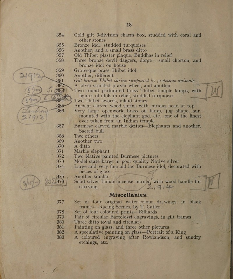  18 Gold gilt 3-division charm box, studded with coral and other stones Bronze idol, studded turquoises Another, and a small brass ditto Three bronze devil daggers, dorge ; small chorton, and bronze idol on house | Grotesque brass Thibet idol Another, different A silver-studded prayer wheel, and another “Two round perforated brass Thibet temple lamps, with figures of idols in relief, studded turquoises ee Ancient carved wood shrine with curious head at top Very large openwork brass oil lamp, jug shape, sur- mounted with the elephant god, etc., one of the finest ever taken from an Indian temple Burmese carved marble deities—Elephants, and another, Sacred bull Two others Another two A ditto Marble elephant Two Native painted Burmese pictures Model state barge in poor quality Native silver Large and very fine old lac Buieese idol, decorated with pieces of glass. on Solid silver Indian ‘incense bum wi wood handle for Mideliahics: Set of four original water-colour drawings, in black T. Cutler — Set of four coloured prints—Billiards Pair of circular Bartolozzi engravings, in gilt rari Three ditto (oval and circular) 2 Painting on glass, and three other pictures A speculative painting on glass—Portrait of a King A coloured engraving after Rowlandson, and sundry etchings, etc.      