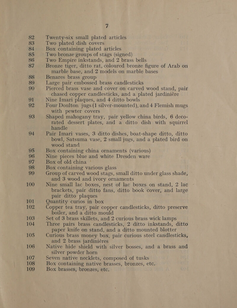 82 83 84 85 86 87 88 89 90 A 92 93 94 95 96 97 98 vo 100 101 102 104 105 106 107 108 109 7 Twenty-six small plated articles Two plated dish covers Box containing plated articles Two bronze groups of stags (signed) Two Empire inkstands, and 2 brass bells Bronze tiger, ditto rat, coloured bronze figure of Arab on marble base, and 2 models on marble bases Benares brass group Large pair embossed brass candlesticks Pierced brass vase and cover on carved wood stand, pair chased copper candlesticks, and a plated jardiniére Nine Imari plaques, and 4 ditto bowls Four Doulton jugs (1 silver-mounted), and 4 Flemish mugs with pewter covers Shaped mahogany tray, pair yellow china birds, 6 deco- rated dessert ae and a ditto dish with squirrel handle Pair Imari vases, 3 ditto dishes, boat-shape ditto, ditto bowl, Satsuma ve 2 small jugs, and a plated bird on wood stand Box containing china ornaments (various) Nine pieces blue and white Dresden ware Box of old china ' Box containing various glass Group of carved wood stags, small ditto under glass shade, and 3 wood and ivory ornaments Nine small lac boxes, nest of lac boxes on stand, 2 lac brackets, pair ditto fans, ditto book cover, and large pair ditto plaques Quantity curios in box Copper tea tray, pair copper candlesticks, ditto preserve boiler, and a ditto mould Set of 3 brass skillets, and 2 curious brass wick lamps Three pairs brass candlesticks, 2 ditto inkstands, ditto paper knife on stand, and a ditto mounted blotter Curious brass money box, pair curious steel candlesticks, and 2 brass jardiniéres Native hide shield with silver bosses, and a brass and silver powder horn Seven native necklets, composed of tusks Box containing native brasses, bronzes, etc.. Box brasses, bronzes, etc,