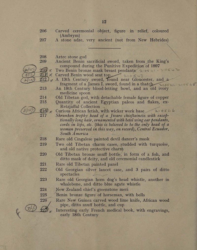 206  226 | , BH, 12 Carved ceremonial. object, figure in relief, coloured (Ambrym) | A stone adze, very ancient (not from New Hebrides) a Aztec stone god Ancient Benin sacrificial sword, taken from the King’s compound during the Punitive Expedition of 1897 Two Benin bronze mask breast ponder Qos YI Os Carved Benin wood seat t An 18th Century blood-letting bowl, and an old ivory medicine spoon Old Tibetan god, with detachable female figure of copper Quantity of ancient Egyptian paleos and flakes, ex- Retzjaffal Collection .. Curious African fetish, with wicker work base Bros ti Shrunken trophy head of a Jivaro chieftainess with excep- tionally long hair, ornamented with betel wing ear pendants, cords in lips, etc. (this 1s believed to be the only head of a woman preserved in this way, on record), Central Ecuador, South America Rare old Cingalese painted devil dancer’s mask Two old Tibetan charm cases, studded with turquoise, and old native protective charm Old Tibetan bronze snuff bottle, in form of a fish, and ditto mask of deity, and old ceremonial candlestick Rare old Tibetan painted panel Old Georgian silver lancet case, and 3 pairs of ditto spectacles P ~ Rare old Georgian horn dog’s head whistle, another in whalebone, and ditto blue agate whistle Rare New Guinea carved wood lime knife, African wood pipe, ditto snuff bottle, and cup Interesting early French medical book, with engta ee early 18th Century