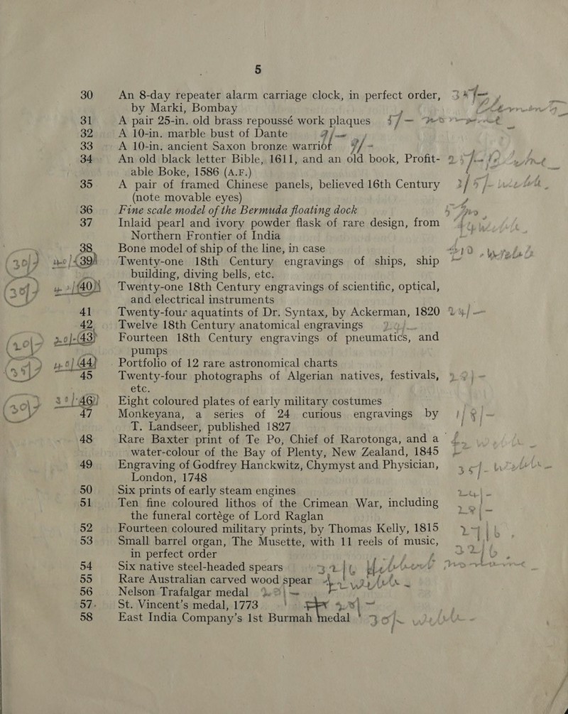 30 31 32 33 36 37 38 4] 45 48 49 50 51 52 53 54 55 56 58 5 An 8-day repeater alarm carriage clock, in perfect order, by Marki, Bombay A 10-in. marble bust of Dante FB fae A 10-in. ancient Saxon bronze warrio 7] ~ An old black letter Bible, 1611, and an old book, Profit- able Boke, 1586 (A.F.) A pair of framed Chinese panels, believed 16th Century (note movable eyes) Fine scale model of the Bermuda floating dock 4 Inlaid pearl and ivory powder flask of rare design, from Northern Frontier of India Bone model of ship of the line, in case Twenty-one 18th Century engravings of ships, ship building, diving bells, etc. Twenty-one 18th Century engravings of scientific, optical, and electrical instruments Twenty-four aquatints of Dr. Syntax, by Ackerman, 1820 Twelve 18th Century anatomical engravings Fourteen 18th Century engravings of deep iey he and pumps Twenty-four photographs of Algerian natives, festivals, ete. Eight coloured plates of early military costumes Monkeyana, a series of 24 curious engravings by T. Landseer, published 1827 -water-colour of the Bay of Plenty, New Zealand, 1845 Engraving of Godfrey Hanckwitz, Chymyst and Physician, London, 1748 Six prints of early steam engines Ten fine coloured lithos of the Crimean War, including the funeral cortége of Lord Raglan Fourteen coloured military prints, by Thomas Kelly, 1815 Small barrel organ, The Musette, with 11 reels of music, in perfect order 7, A Six native steel-headed spears om ee Me Me ( As Ou? Rare Australian carved wood spear sae ‘i prs « Nelson Trafalgar medal uv | ~ os St. Vincent’s medal, 1773. | ee yal bea East India Company’s Ist Burmah edal Zo}.