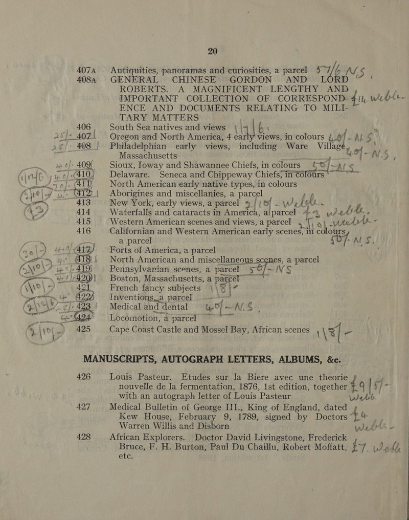 4074 Antiquities, panoramas and curiosities, a parcel a (a A A 4084 GENERAL CHINESE GORDON AND L | ROBERTS. A MAGNIFICENT LENGTHY AND ENCE AND DOCUMENTS RELATING TO MILI- TARY MATTERS 406 South Sea natives and views Ab: A s}- 4074 Oregon and North America, 4 i views, in colours (..6 f. -' 408 | Philadelphian early views, including Ware eae | Massachusetts 1 i ¢/: 409 Sioux, Ioway and Shawannee Chiefs, in colours £5) «. “AS Ne ( Tale 0) &lt;410) Delaware. Seneca and Chippeway Chiefs; in oe Te oth NOs Ji o}e Al) North American early native types, in colours fs he Parnes “THTD | Aborigines and miscellanies, a parcel A, pe aT New York, early views, a parcel 9 Sirol owe i $i... f (eA 414 Waterfalls and cataracts in America, ai parcel 4 T ust Lk, : 415 Western American scenes and views, a parcel 5. fie ARIA - 416 Californian and Western American early scenes, in colours 4 ee a parcel fO/- Al S$. sf &gt; 4-2 COND. Forts of America, a parcel =~ 4 @l8{! North American and miscellaneous scenes, a parcel Sow up 9 js ALO Pennsylvarian scenes, a parcel 5O/~ VS S—— 1} 420)| Boston, Massachusetts, a parcel” OVA Ee, 421 French fancy subjects \\% i ges. 4224 Inventions... a patcel 1d (&gt; bs 2 s] Tay Medical and ‘dental url. ALS. TC Locomotion, Te parcel wa 4 iA » 425 Cape Coast Castle and Mossel Bay, African scenes \ \* she wy MANUSCRIPTS, AUTOGRAPH LETTERS, ALBUMS, &amp;c. 426 Louis Pasteur. Etudes sur la Biere avec une theorie nouvelle de Ja fermentation, 1876, Ist edition, together ¥-4 q/ 5 y] r with an autograph letter of Louis Pasteur igh 427 Medical Bulletin of George III., King of England, dated. Kew House, February 9, 1789, signed by Doctors 4 a Warren Willis and Disborn Wess - 428 African Explorers. Doctor David Livingstone, Frederick Bruce, F. H. Burton, Paul Du Chaillu, Robert Moffatt, fy. ie Kb etc.   