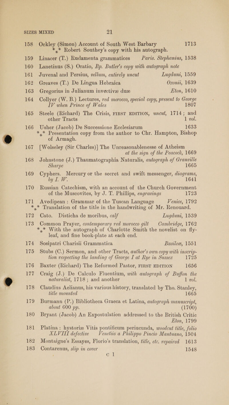 158 Ockley (Simon) Account of South West Barbary 1713 *,* Robert Southey’s copy with his autograph. 159 Linacer (T.) Rudamenta grammatices Paris. Stephanius, 1538 160 Lanetinus (S.) Oratio, Bp. Butler’s copy with autograph note 161 Juvenal and Persius, vellum, entirely uncut Lugduni, 1559 162 Greaves (T.) De Lingua Hebraica Oxon, 1639 163 Gregorius in Julianum invective dus ion, 1610 164 Collyer (W. B.) Lectures, red morocco, special copy, present to George IV when Prince of Wales 1807 165 Steele (Richard) The Crisis, FIRST EDITION, wncul, 1714; and other Tracts 1 vol. 166 Usher (Jacob) De Successione Ecclesiarum 1633 *,* Presentation copy from the author to Chr. Hampton, Bishop of Armagh. 167 [Wolseley (Sir Charles)] The Unreasonablenesse of Atheism at the sign of the Peacock, 1669 168 Johnstone (J.) Thaumatographia Naturalis, autograph of Granville Sharpe 1665 169 Cyphers. Mercury or the secret and swift messenger, diagrams, by I. W. 1641 170 Russian Catechism, with an account of the Church Government of the Muscovites, by J. T. Phillips, engravings 1723 171 Avedipean : Grammar of the Tuscan Language Venice, 1792 *,* Translation of the title in the handwriting of Mr. Renouard. 172 Cato. Disticha de moribus, calf Ingduni, 1539 173 Common Prayer, contemporary red morocco gilt Cambridge, 1762 *,* With the autograph of Charlotte Smith the novelist on fly- leaf, and fine book-plate at each end. 174 Sosipatri Charisii Grammatica Basilew, 1551 175 Stubs (C.) Sermon, and other Tracts, author’s own copy with inscrip- tion respecting the landing of George I at Rye in Sussex 1725 176 Baxter (Richard) The Reformed Pastor, FIRST EDITION 1656 177 Craig (J.) De Calculo Fluentium, with autograph of Buffon the naturalist, 1718 ; and another 1 vol. 178 Claudius Aelianus, his various history, translated by Tho. Stanley, title mounted 1665 179 Burmann (P.) Bibliotheca Graeca et Latina, autograph manuscript, about 600 pp. (1700) 180 Bryant (Jacob) An Expostulation addressed to the British Critic ton, 1799 181 Platina: hystoriz Vitis pontificum periucunda, woodcut title, folio XLVI defective Venetus a Philippo Pincio Mantuano, 1504 182 Montaigne’s Essayes, Florio’s translation, title, etc. repaired 1613 183 Contarenus, slip in cover 1548 ' CA