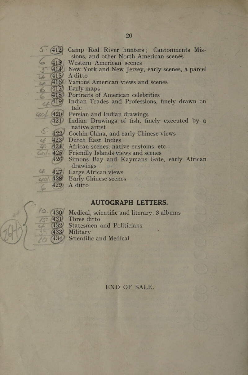 Camp Red River hunters; Cantonments Mis- sions, and other North American scenes | Western American scenes New York and New Jersey, early scenes, a parcel A ditto » Various American views and scenes Early maps ) Portraits of American celebrities ' Indian Trades and Professions, finely drawn on _ tale Persian and Indian drawings Indian Drawings of fish, finely executed by a native artist Cochin China, and early Chinese views } Dutch East Indies . African scenes, native customs, etc.. Friendly Islands views and scenes Simons Bay and Kaymans Gate, early African ., drawings “(,. 427) Large African views 428’ Early Chinese scenes 429 A ditto  AUTOGRAPH LETTERS. (Oo. 430) Medical, scientific and literary, 3 albums <> 43 Three ditto ~ (432¢ Statesmen and Politicians 433) Militar } . (434 Scientific and Medical END OF SALE.