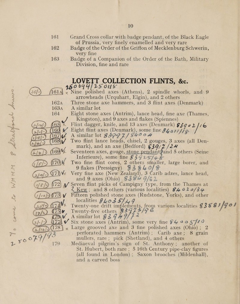 fro A Aa ered f perce f F ohh Y 5 be Ae e 10 161 Grand Cross collar with badge pendant, of the Black Eagle of Prussia, very finely enamelled and very rare 162 Badge of the Order of the Griffon of Mecklenburg Schwerin, very fine 163 Badge of a Companion of the Order of the Bath, Military Division, fine and rare LOVETT COLLECTION FLINTS, &amp;c. 9609094/2S ou arrowheads (Urquhart, Elgin), and 2 others 1624 Three stone axe hammers, and 3 flint axes (Denmark) 1634 &lt;Asimilar lot 164 Eight stone axes (Antrim), lance head, fine axe (Thames, Kingston), and 9 axes and flakes (Spiennes) (65\% Flint dagger, knife, and 13 axes (Denmark) FS7 02 16 6G $ Eight flint axes (Denmark), some fine $4a////¢- is] 6 Lik A similar lot 8399 Z/ E4994 eee I168\t/ Two flint lance heads, chisel, 2 gouges, 3 axes (all Den- mark), and an axe (Bedford) §39/ Sed. Giz} (69 Tap) C694 Aes axes, gouge, stone UA earl 5 others (Seine Inferieure), some fine § $3 9 2-5/¢&amp; fj ED) (Gin Two fine flint cores, 2 others smaller, large ee and 9 flakes (Pressigny) $3 §&amp; e F ge Very fine axe (New ET vA 3 Carib adzes, lance head, and 9 axes (Ohio) § $4 G/6) 2. 172) WV Seven flint picks of yan type, from the Thames at a , Kew; and 8 others (various localities) 4928/34 3) Fifteen polished stone axes (Rudstone, Yorks), and other po wnt localities SLOS S$) hy G | LT    “Gay Twenty-five SS OR9 ffi”? ~&lt;a A similar lot E39 1774 VW Six stone axes (Antrim), some very fine F4&amp; 90 7/0 178} x Large grooved axe a 3 fine polished axes (Ohio); 2 ' G3 perforated hammers (Antrim); Carib axe; : mullers, rare; pick (Shetland), and 4 others 179 Mediaeval pilgrim’s sign of St. Anthony; another of St. Hubert, both rare ; 5 16th Century pipe-clay figures (all found in London); Saxon brooches (Mildenhall), and a carved boss 8 erain
