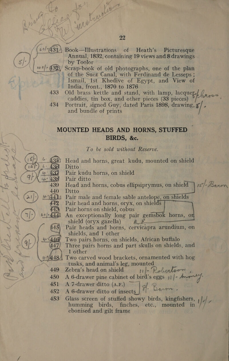 pmo (os é By. D\ E Sich QUAL stialeeil of Heath’s Picturesque ba / _ Annual, 1832, containing 19 views and 8 drawings “by Toolor  } of the Suez Canal, with Ferdinand de Lesseps ; | Ismail, “Ist Khedive of Egypt, and View of India, front., 1870 to 1876 433 Old brass kettle and stand, with lamp, ne tf Pe caddies, tin box, and other pieces (33 pieces) . 434 Portrait, signed Guy, dated Paris 1898, drawing, g7/ . and bundle of prints MOUNTED HEADS AND HORNS, STUFFED © BIRDS, &amp;c. To be sold without Reserve. Pair kudu horns, on shield Pair ditto Head and horns, cobus ellipsiprymus, ales is/- BF Ditto Pair male and female sable antelope, on shields Pair head and horns, oryx, on shiel Pair horns on shield, cobus An exceptionally long pair gemsbok horns, o shield (oryx gazella) A_E__— Pair heads and horns, cervicapra arundium, on shields, and 1 other Two pairs horns, on shields, African buffalo / Three pairs horns and part skulls on shields, and 1 other vt 48) Two carved wood brackets, ornamented with hog tusks, and animal’s leg, ipa ‘449 Zebra’s head on shield - Robinho , 450 A 6-drawer pine cabinet of bird s eggs s1]- Ange] 451 A 7-drawer ditto (A.F.) ~ 7 2 452 A 6-drawer ditto of insects pats Si Sit | 453 Glass screen of stuffed showy birds, kingfishers, TE ld, humming birds, finches, etc., mounted in , ebonised and gilt frame  