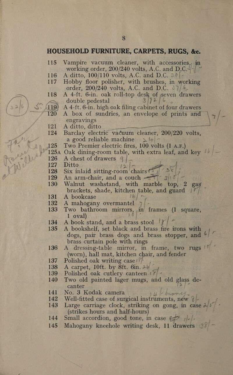 8 HOUSEHOLD FURNITURE, CARPETS, RUGS, &amp;e. 115 Vampire vacuum cleaner, with accessories,, jn working order, 200/240 volts, A.C. and af C7) . 116 A ditto, 100/110 volts, A.C. and D.C. . 117° Hobby floor polisher, with brushes, in working order, 200/240 volts, A.C. and D. . ) 118 A 4-ft. 6-in. oak roll-top desk of even ie , double pedestal 3) p2 | &amp; 4 19) A 4-ft. 6-in. high.oak filing catty of four drawers 120 A box of sundries, an envelope of prints and \7 / u engravings 121 A ditto, ditto Se ee ee ae 124 Barclay electric vacuum cleaner, 200/220 volts, a good reliable machine &gt;. t+ |» 125 Two Premier electric fires, 100 volts (1 A.F.) 1254 Oak dining-room table, with extra leaf, and key / 126 A chest of drawers ° | 127 Ditto z 128 Six inlaid sitting- eb Ichairstq) &gt; ak es 129 An arm-chair, and a couch —&lt;—*7~ 2/! 130 Walnut washstand, with marble of 2 gag brackets, shade, kitchen table, and guard /7) 131 A bookcase Io} = 132 A mahogany overmantel » 4 133 Two bathroom HTAOR, Ne frames (1 square, 1 oval 134 A book stand, and a ce stool !f | - 135 A bookshelf, set black and brass fire irons with dogs, pair brass dogs and brass stopper, and o] 7 brass curtain pole with rings 136 &lt;A _ dressing-table mirror, in frame, two rugs (worn), hall mat, kitchen an and fender 137 Polished oak writing case!’ 138 &lt;A carpet, 10ft. by 8ft. 6in. 2- 139 Polished oak cutlery canteen o- 140 Two old painted lager mugs, and old ik de- canter e/ mf } 141 No. 3 Kodak camera Ly Lh ) 142 Well-fitted case of surgical instruments, hi ie $| - 143 Large carriage clock, striking on gong, in case als] 6] (strikes hours and half- -hours) 144 Small accordion, good tone, in case #77 ,/-/-