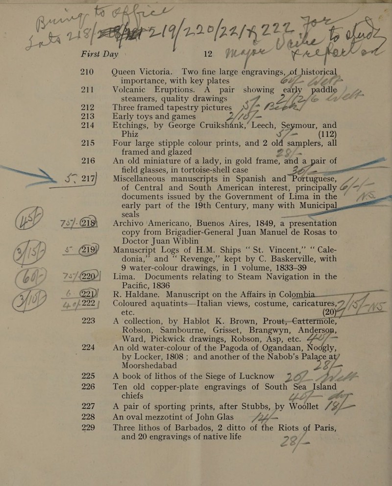 210 211   eg 219/7-2 o/p A/w 222 mn Queen Victoria. Two fine large eee mae pe” importance, with key plates Z “Af Volcanic Eruptions. &lt;A _ pair pois ear rly “paddle Le steamers, quality drawings Ze CV Three framed tapestry pictures SLE p&amp;fuc Early toys and games rats Etchings, by George Pee ae ‘Leech, Seymour, and Phiz S7- (112) Four large stipple colour prints, and 2 old samplers, all framed and glazed 2 o/.  field glasses, in tortoise-shell case = Miscellaneous manuscripts in Spanish and Portuguese, YY, of Central and South American interest, principally — documents issued by the Government of Lima in the ‘ early part of the 19th Century, many with Municipal seals Archivo Americano, Buenos Aires, 1849, a ‘presentation copy from Brigadier-General Juan Manuel de Rosas to Doctor Juan Wiblin Manuscript Logs of H.M. Ships “ St. Vincent,’ “ Cale- donia,’’ and “‘ Revenge,” kept by C. Baskerville, with 9 water-colour drawings, in 1 volume, 1833-39 Lima. Documents relating to Steam Navigation in the . Pacific, 1836 R. Haldane. Manuscript on the Affairs in Colombia fe, rs Coloured aquatints—lItalian views, costume, sega as a etc. — A collection, by Hablot K. Brown, Prouwt,;—Cattermole Robson, Sambourne, Grisset, Brangwyn, Anderson, Ward, Pickwick drawings, Robson, Asp, etc. ev, a An old water-colour of the Pagoda of Ogandaan, Noogly, by Locker, 1808 ; and another of the Nabob’s Palace iP a lb An old miniature of a lady, in gold frame, ee of  Moorshedabad A book of lithos of the Siege of Lucknow 9%, 7 bi tl Ten old copper-plate engravings of South Ze Ee chiefs A pair of sporting prints, after Stubbs, by ae Z ‘gl An oval mezzotint of John Glas /24—— Three lithos of Barbados, 2 ditto of the Riots of Paris, and 20 engravings of native life [0° Sf