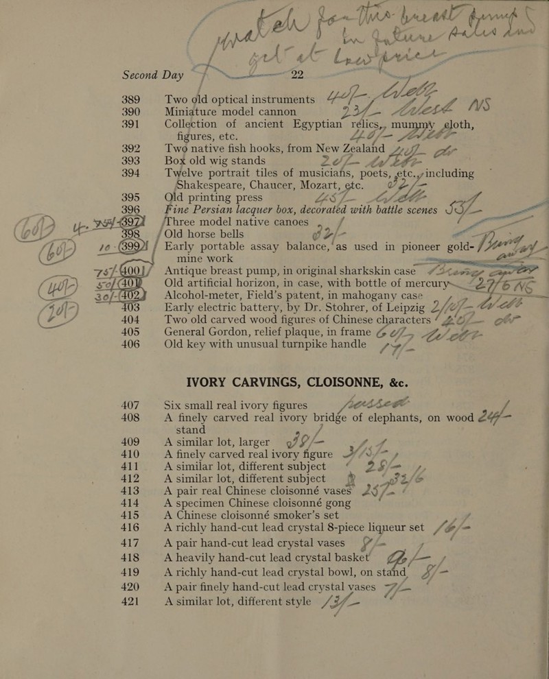  389 Two old optical instruments 390 Miniature model cannon 7 yp ted VS 391 Collection of ancient aioe relics, mummy eloth, figures, etc. 44, ZA. Aste br 392 Two native fish hooks, from New Zealand Ue Ae 393 Box old wig stands 2 La y/ 2. 394 Twelve portrait tiles of musiciahs, pare! ete, including parr Chaucer, ee LE 395 Old printing press Lest. y Ae es 396 Fine Persian lacquer box, decorated with — scenes SS, ee  ‘Three model native canoes f / Old horse bells 2 7/ soctey. pt Z A   mine work Antique breast pump, in original sharkskin case #2 Lanter Old artificial horizon, in case, with bottle of ec. ae Lé Alcohol-meter, Field’s patent, in mahogany cass T= Early electric battery, by Dr. Stohrer, of Leipzig 2/@ Se AY Ab Two old carved wood figures of Chinese characters CL — oF General Gordon, relief plaque, in frame G @//., te ol 7 Old key with unusual turnpike handle sp.» —_ IVORY CARVINGS, CLOISONNE, &amp;c. Six small real ivory figures Viena | A finely carved real ivory bridge of elephants, on wood 2 | stand | A similar lot, larger of / —_ 4,4 A finely carved real i ivory figure 4 ‘Amy A similar lot, different subject » 7 af — 4, A similar lot, different subject /&amp; A pair real Chinese cloisonné vase 257, ns : A specimen Chinese cloisonné gong A Chinese cloisonné smoker’s set ; . A richly hand-cut lead crystal 8-piece liqueur set {b/- = é A pair hand-cut lead crystal vases ” Ve . A heavily hand-cut lead crystal basket A richly hand-cut lead crystal bowl, on stand SW = A pair finely hand-cut lead crystal vases 7/_ | A similar lot, different style /3/— ; {