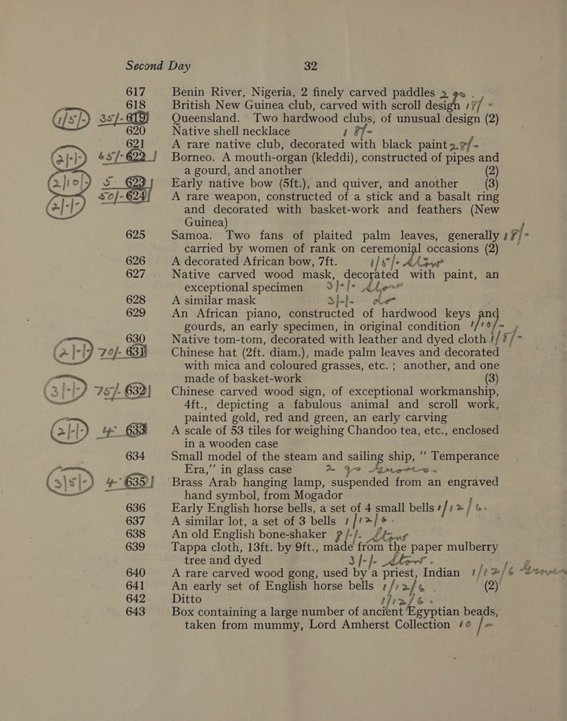 Benin River, Nigeria, 2 finely carved paddles &gt; } British New Guinea club, carved with scroll Beas / 7/ . Queensland. Two hardwood clubs, of unusual design (2) Native shell necklace i &amp;f- A rare native club, decorated with black paint 22h. - Borneo. A mouth-organ (kleddi), constructed of pipes and a gourd, and another | (2) Early native bow (5ft.), and quiver, and another (3) A rare weapon, constructed of a stick and a basalt ring and decorated with basket-work and feathers (New Guinea) ; Samoa. Two fans of plaited palm leaves, generally )¥ - carried by women of rank on pa gt occasions (2) —  626 A decorated African bow, 7ft. i/ $s /. ; 627 . Native carved wood mask, decorated with paint, an exceptional specimen °%/*/* Ahe~wr 628 A similar mask 3)-)- ole 629 An African piano, constructed of hardwood keys an gourds, an early specimen, in original condition if: “f- Native tom-tom, decorated with leather and dyed cloth !/¥ Chinese hat (2ft. diam.), made palm leaves and decorated with mica and coloured grasses, etc. ; another, and one made of basket-work (3) Chinese carved wood sign, of exceptional workmanship, 4ft., depicting a fabulous animal and scroll work, + painted gold, red and green, an early carving * [-[- ty 63% A scale of 53 tiles for weighing Chandoo tea, etc., enclosed a in a wooden case Small model of the steam and waar ship, ‘““ Temperance Era,’’ in glass case a Yo Are tv-~ Brass Arab hanging lamp, suspended from an engraved hand symbol, from Mogador 636 Early English horse bells, a set of 4 small bells? / ;&gt; } bs 637 A similar lot, a set of 3 bells | J: a/)6. 638 Anold English bone-shaker p I aD / 639 Tappa cloth, 13ft. by 9ft., ma   rons e from the paper mulberry tree and dyed 3 ]-]- shore . rete 640 A rare carved wood gong, used by a priest, Indian !// #/ 6 “S*evt~s 641 An early set of English horse bells ¢// 2/4 _ (2) 642 Ditto thra/6 A 643 Box containing a large number of ancient Egyptian beads, taken from mummy, Lord Amherst Collection /¢ / =