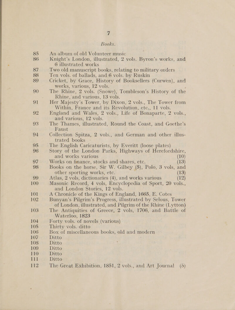 is Books. An album of old Volunteer music Knight’s London, illustrated, 2 vols. Byron’s works, and 6 illustrated works Two old manuscript books, relating to military orders Ten vols. of ballads, and 6 vols. by Ruskin Cricket, by Grace, History of Booksellers (Curwen), and works, various, 12 vols. The Rhine, 2 vols. (Snowe), Tombleson’s History of the Khine, and various, 13 vols. Her Majesty’s Tower, by Dixon, 2 vols., The Tower from Within, France and its Revolution, etc., 11 vols. England and Wales, 2 vols., Life of Bonaparte, 2 vols., and various, 12 vols. The Thames, illustrated, Round the Coast, and Goethe’s Faust Collection Spitza, 2 vols., and German and other illus- trated books The English Caricaturists, by Everitt (loose plates) Story of the London Parks, Highways of Herefordshire, and works various (10) Works on finance, stocks and shares, etc. 7 (13) Books on the horse, Sir W. Gilbey (5), Polo, 3 vols, and other sporting works, etc. (13) Atlas, 2 vols, dictionaries (4), and works various (12) Masonic Record, 4 vols, Encyclopedia of Sport, 20 vols., and London Stories, 12 vols. Bunyan’s Pilgrim’s Progress, illustrated by Selous, Tower of London, illustrated, and Pilgrim of the Rhine (Lytton) The Antiquities of Greece, 2 vols, 1706, and Battle of Waterloo, 1823 Forty vols. of novels (various) - Thirty vols. ditto Box of miscellaneous books, old and modern Ditto Ditto Ditto Ditto Ditto