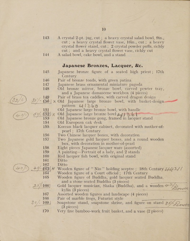 143 144 SIE 10 A crystal 2-pt: jug, cut ; a heavy crystal salad bowl, 9in., cut ; a heavy crystal flower vase, 16in., cut; a heavy crystal flower stand, cut; 2 crystal powder puffs, richly cut ; and a heavy crystal flower vase, richly cut A salad bowl, cake bowl, and a stand Japanese Bronzes, Lacquer, &amp;c. Japanese bronze figure of a seated high priest; 17th Century Pair of bronze toads, with green patina Japanese brass ornamental miniature pagoda Old bronze mirror, bronze bowl, carved pewter tray, and a Japanese damascene workbox (4 pieces) Pair of brass tea caddies, with carved dragon design pattern G10 - Old Japanese awe © onze bowl, with handle Old Japanese large bronze bowl gag Se ee Old Japanese bronze gong, framed in lacquer stand Old Europeen cak desk korean black lacquer cabinet, decorated with mother-of- pearl ; 17th Century Two Chinese lacquer boxes, with decoration Two Japanese gold lacquer boxes, and a round wooden box, with decoration in mother-of-pearl Eight pieces Japanese lacquer ware (assorted) A painting—-Portrait of a lady, and 2 stands Red lacquer fish bowl, with original stand Ditto Ditto Wooden figure of ‘ Nio’’ holding sceptre ; 18th Conti Lblf at Wooden figure of a Court official; 17th Century Wooden figure of Buddha, gold lacquer seated Buddha, and a stone seated Buddha (3 pieces) Se Gold lacquer musician, Shaka (Buddha), and a wooden 4°? eS) | kylin (3 pieces) = eve Assorted wooden figures and landscape (4 pieces) Pair of marble frogs, Futurist style pe: MAES Soapstone stand, soapstone shrine, and figure. « on stand oF Ls 2 (3 pieces) i inti si Sa Very fine bamboo-work fruit basket, and a vase ‘(2 pieces) 